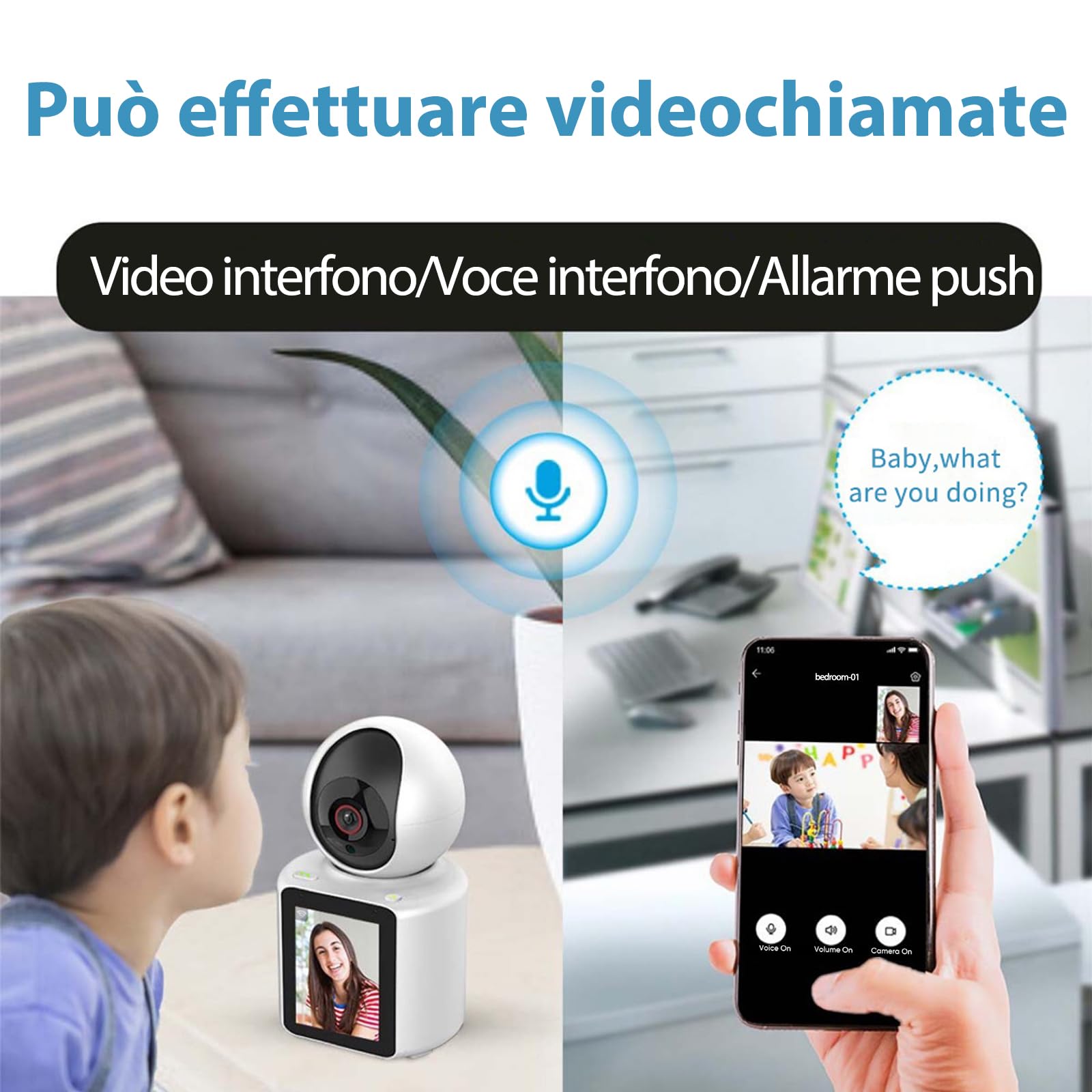 Telecamera WiFi interni, orientabile, videochiamate, videocamera intelligente, monitoraggio video per bambini, display HD da 2,8 pollici, con IR notturno
