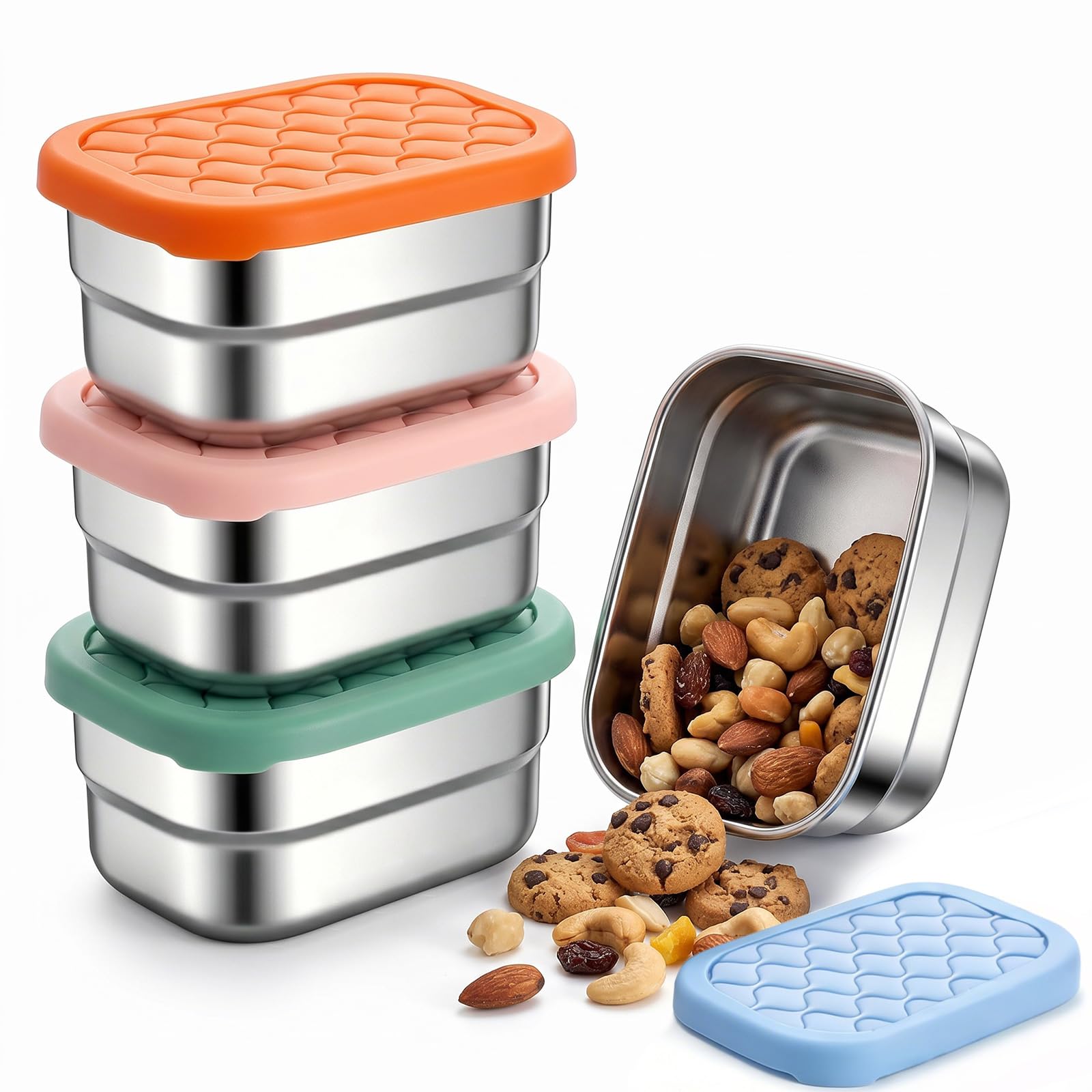 wiksite 4 Pack Stainless Steel Snack Pots - 8 oz / 230ml Small Metal Food Containers with Silicone Lids, Stackable & Leak-Proof Reusable Snack Boxes - Ideal for Portion Control, Outdoor and Travel