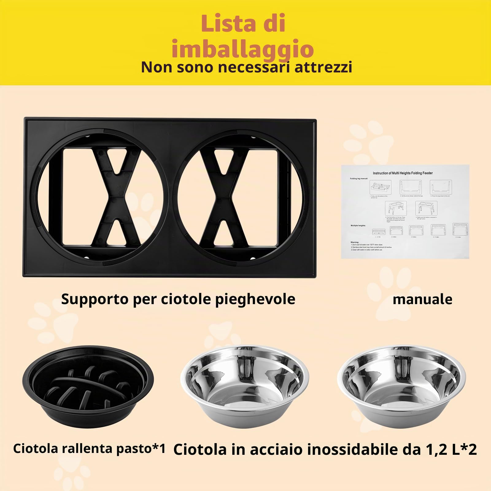 Ciotole per cani Rialzate Regolabili - 2 Ciotole in Acciaio Inox (1200ml) + 1 Ciotola anti-ingozzo (800ml) - Base antiscivolo per cani di taglia media/grande