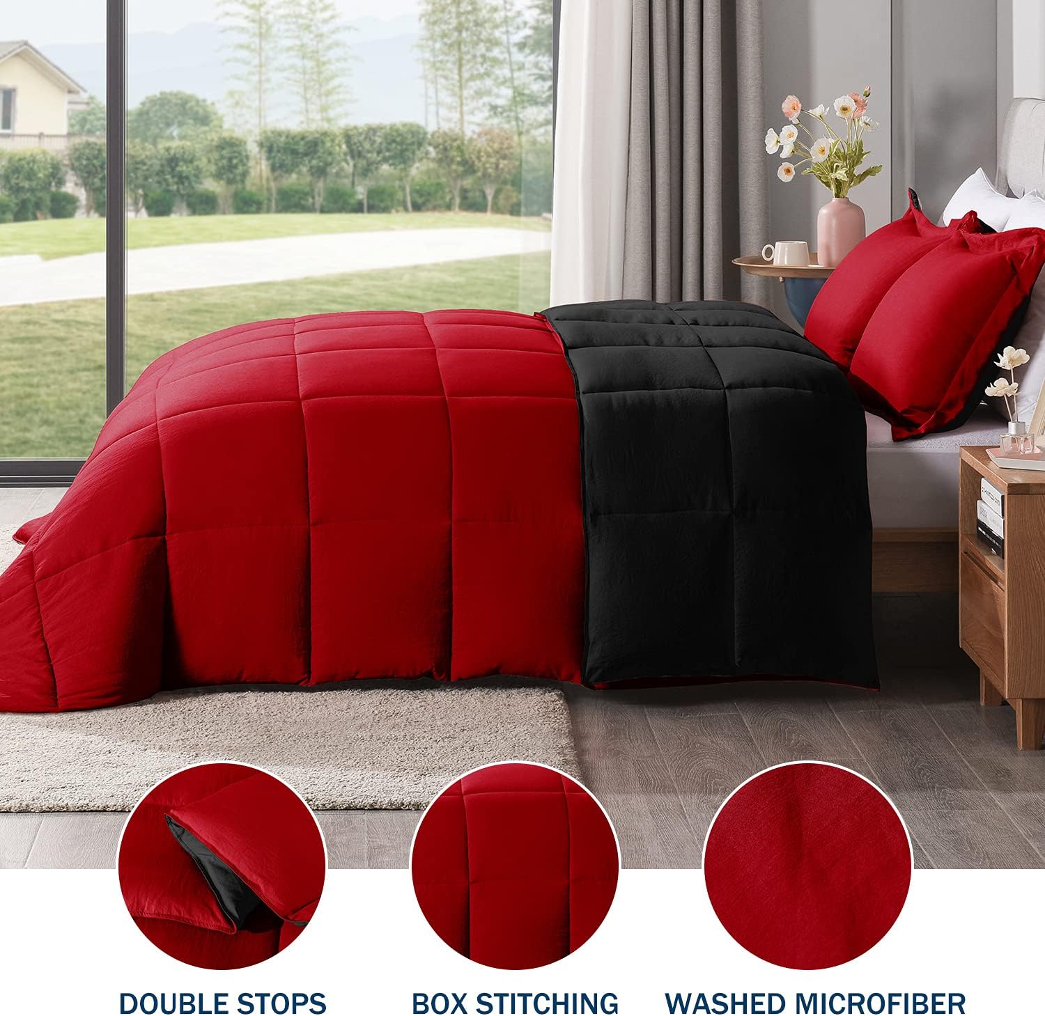 LOVTEX 3PCS Black and Red Comforter Set Queen - Ultra Soft Washed Microfiber Comforter Queen Set - Reversible Down Alternative Red Comforter Queen with 2 Pillow Shams(Red/Black)