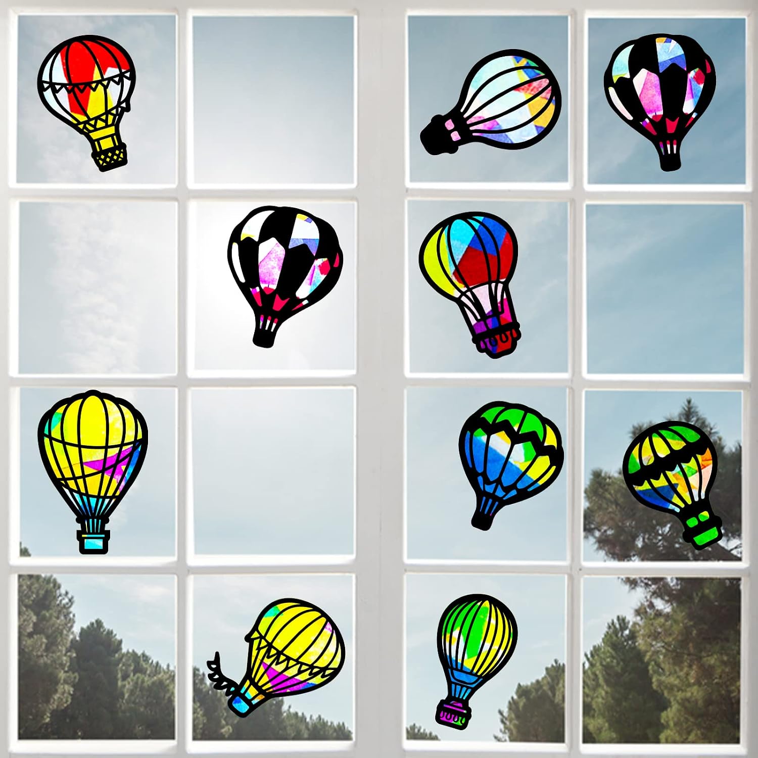 ORIGACH 48 Pcs Hot Air Balloon Suncatcher Kit, 12 Types Hot Air Balloon Tissue Paper Stained Glass Kit with Colored Tissue Paper for Window Classroom Art Craft
