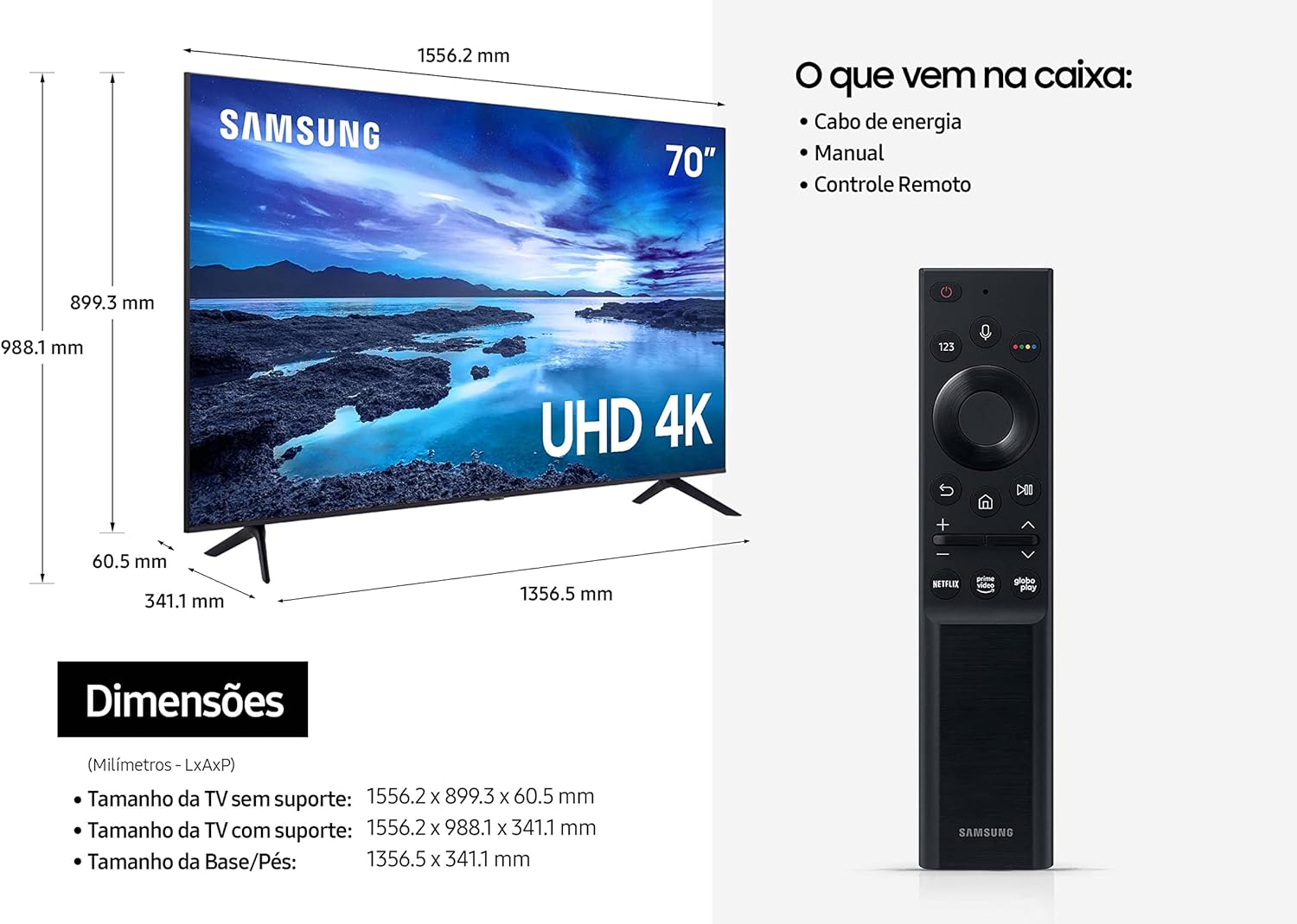 Diagram showing the Samsung 70AU7700 TV dimensions and the contents of the box, including the TV, remote control, manual, and power cable.