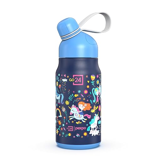 Go24 pexpo Piano Pro 450 ISI Certified Stainless Steel Water Bottle for School Kids - 420ml | 6+ Years Age | Hot & Cold | with Sipper Cap | Double Wall | for Picnic, Outing - Blue Unicorn Print