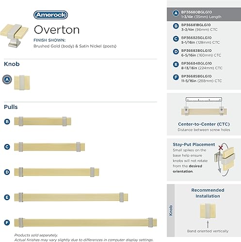 Miniatura 7 de Amerock Pomo de gabinete  Oro cepilladoníquel satinado  Longitud de 1-38 pulgadas (1.378 in)  Overton  1 paquete  Pomo de cajón  Herrajes para