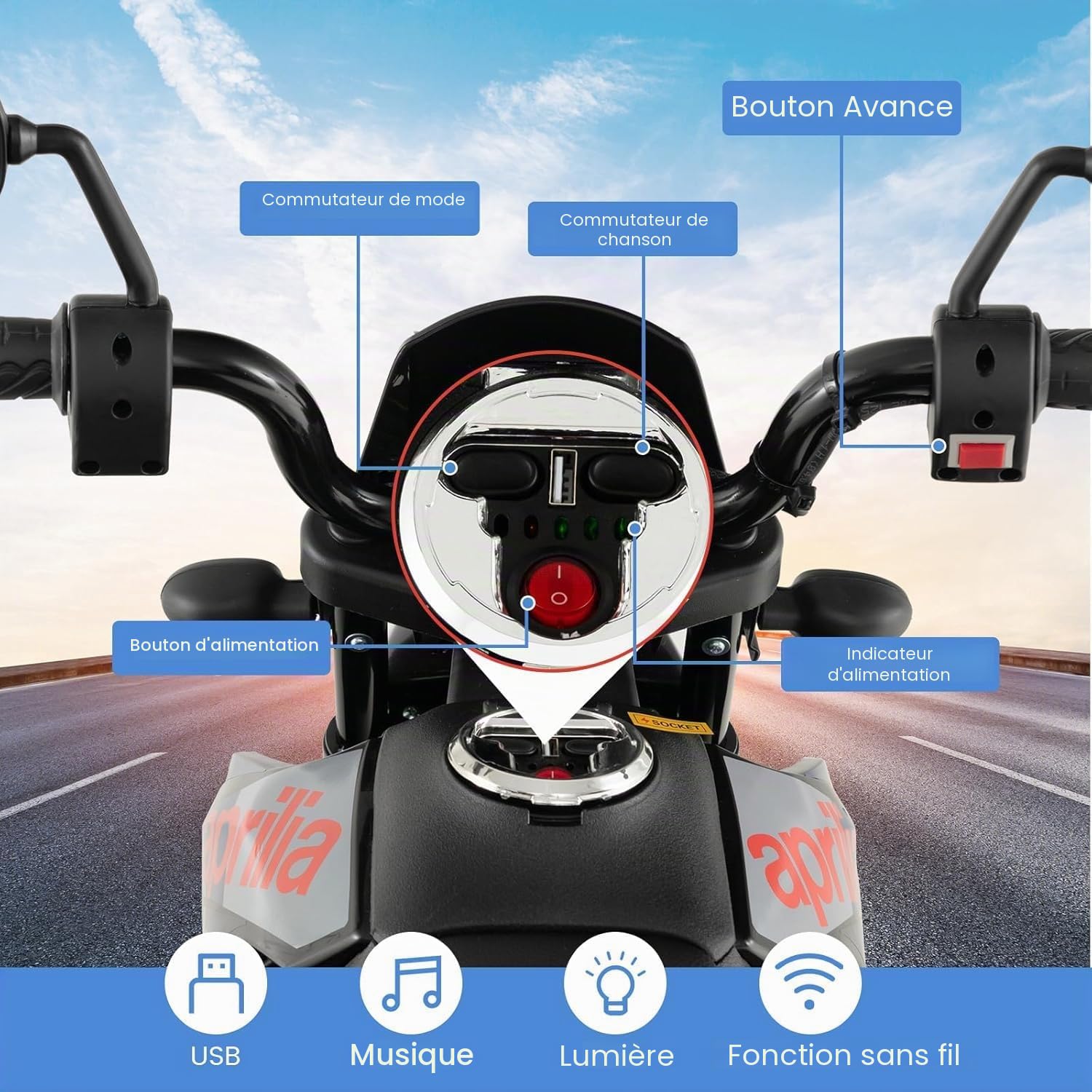 FANTASK Aprilia Moto électrique pour Enfant de 3 à 8 Ans 12 V 5,5 à 6 km/h avec Roues stabilisatrices, Musique et phares, Moto Bleue et Noire
