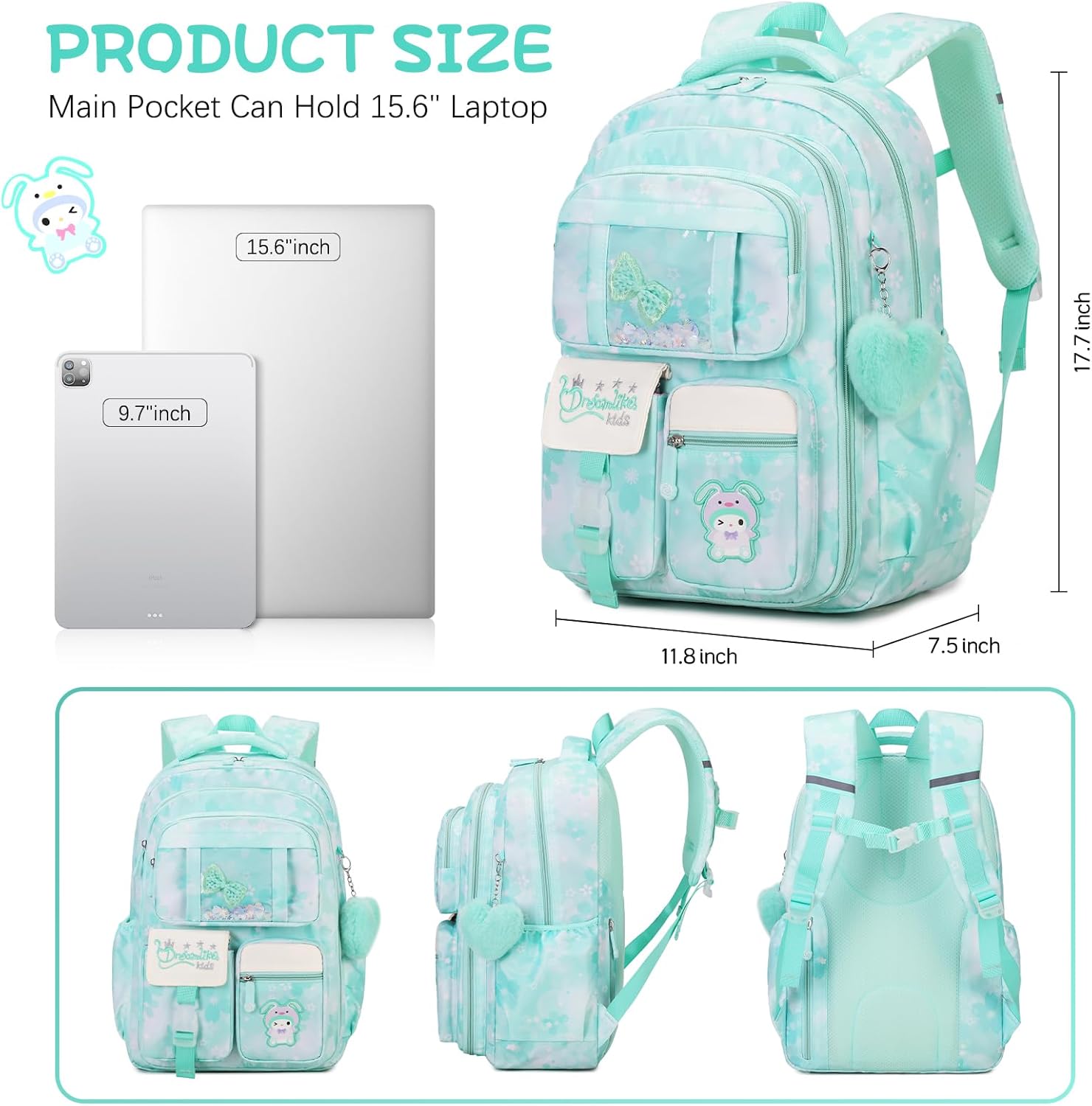 Jafeton Backpacks for Girls, Girls Backpack with Insulated Lunch Box and Pencil Case for Kids Teens Elementary Middle High School Student, Cute Bow School Bag Travel Daypacks Book Bag Set (Green)