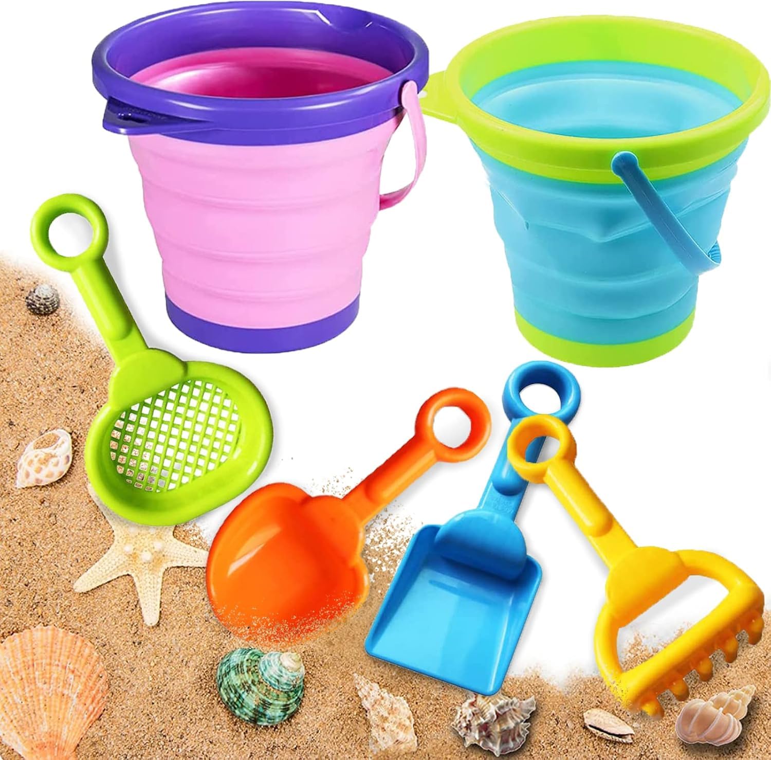 Aonuily Beach Toys Set for Kids, Collapsible Bucket and Spade Foldable Sand Bucket & Shovel Kit with Shovels Scoop Rake Sifter for Camping & Outdoor Play (Round)