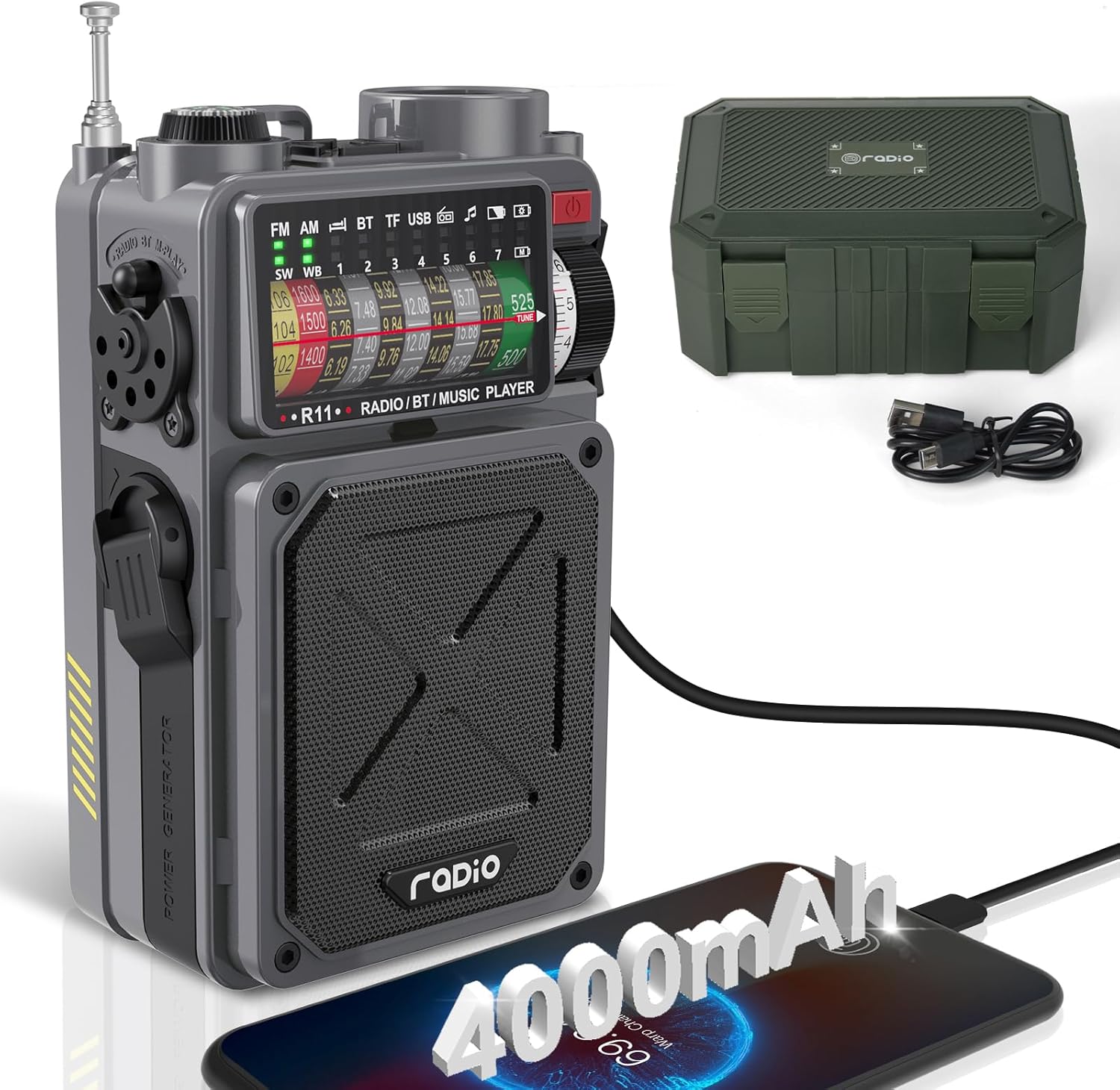 R11 Portable Shortwave Radio - 4000mAh/14800mWh NOAA/SW/AM/FM