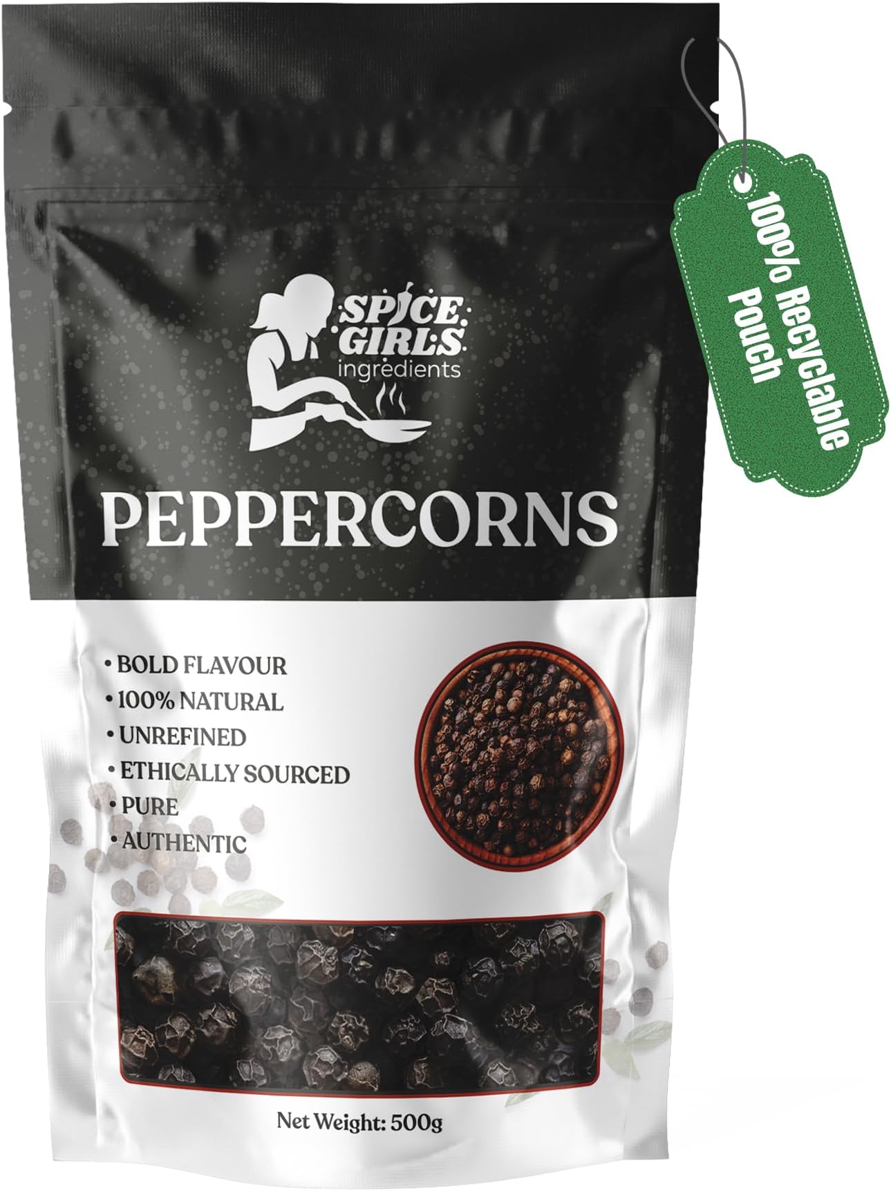 Spice Girls Ingredients Black Peppercorns - Whole, Premium-Grade, Bold Flavor | Ideal for Grinders, Cooking, Seasoning & Gourmet Recipes | Fresh & Aromatic Whole Black Pepper (500g)