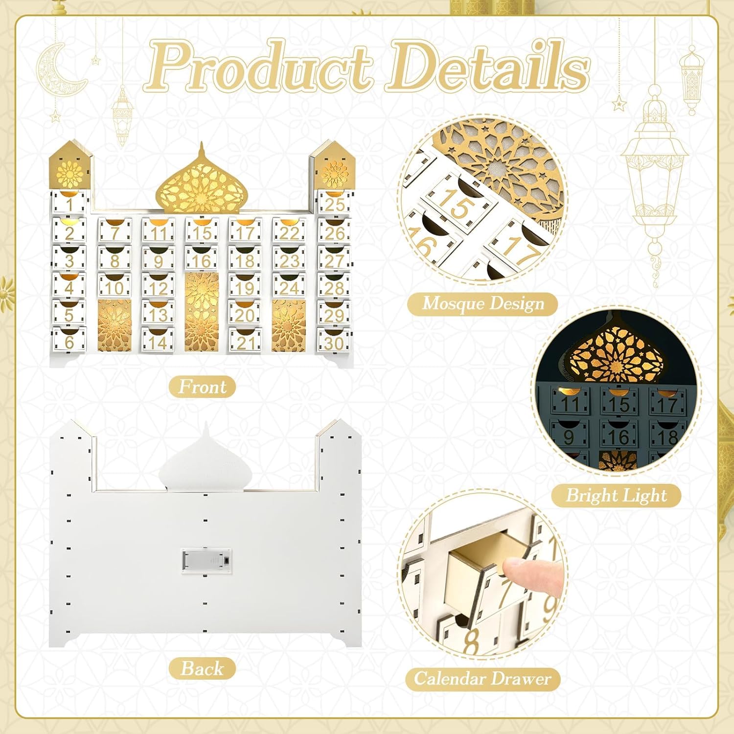 Wooden Ramadan Countdown Calendar, Eid Mubarak Advent Calendar with Drawer, Mosque Shaped Fillable Muslim Ramadan Decoration for Home Holiday Tabletop Decor Gift Party Supply