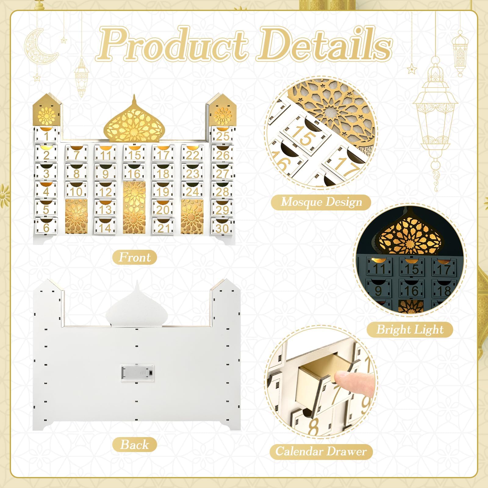 Ramadan-Countdown-Kalender, Eid Mubarak Adventskalender mit Schublade, Moscheeform, befüllbar, muslimische Ramadan-Dekoration für Zuhause, Urlaub, Tischdekoration, Geschenk, Partyzubehör