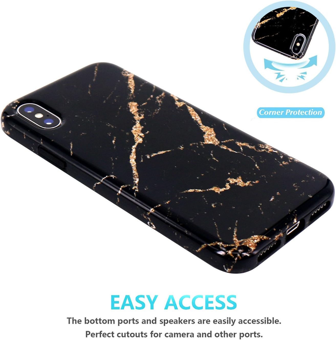 JAHOLAN iPhone X Case iPhone Xs Case Black Gold Marble Design Clear Bumper Glossy TPU Soft Rubber Silicone Cover Phone Case for iPhone X iPhone Xs