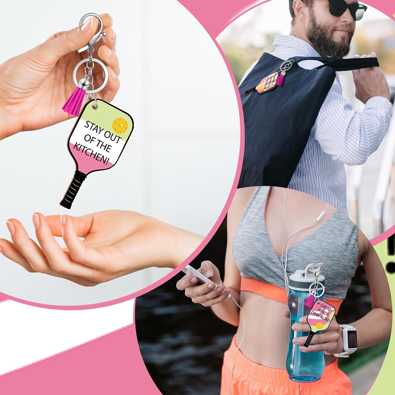 24 Pcs Dinkball Keychains for Women Men Dinkball Gifts Wooden Handmade Sports Keychains Inspirational Accessories for Sports Lovers Team Party Favors(Pink,Stylish) image 5