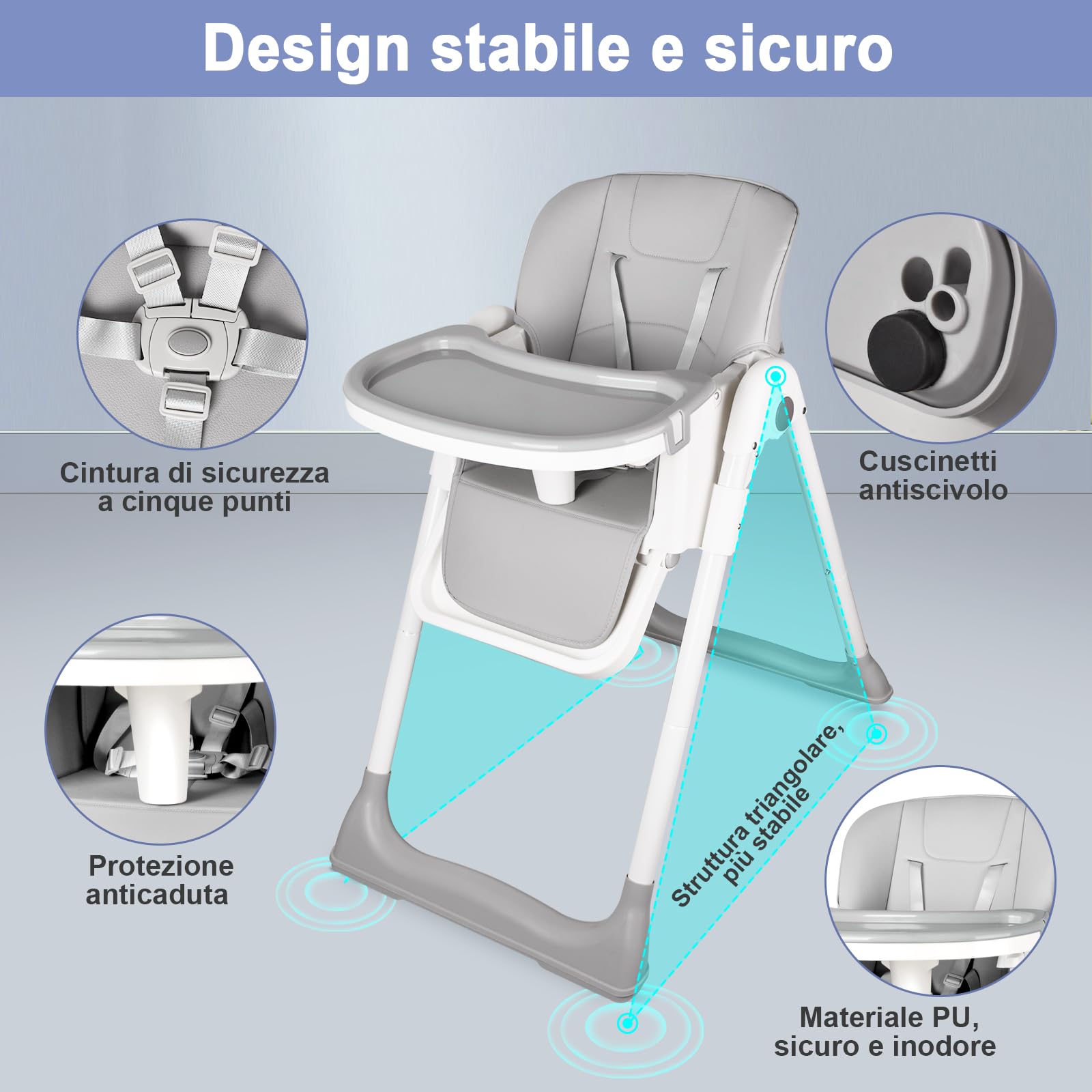 Seggiolone Pappa Portatile, Seggiolone Evolutivo con Vassoio Doppio Rimovibile, 4 Posizioni di Reclinazione e 5 Posizioni di Altezza Seggiolone per Bambini da 6-36 mesi