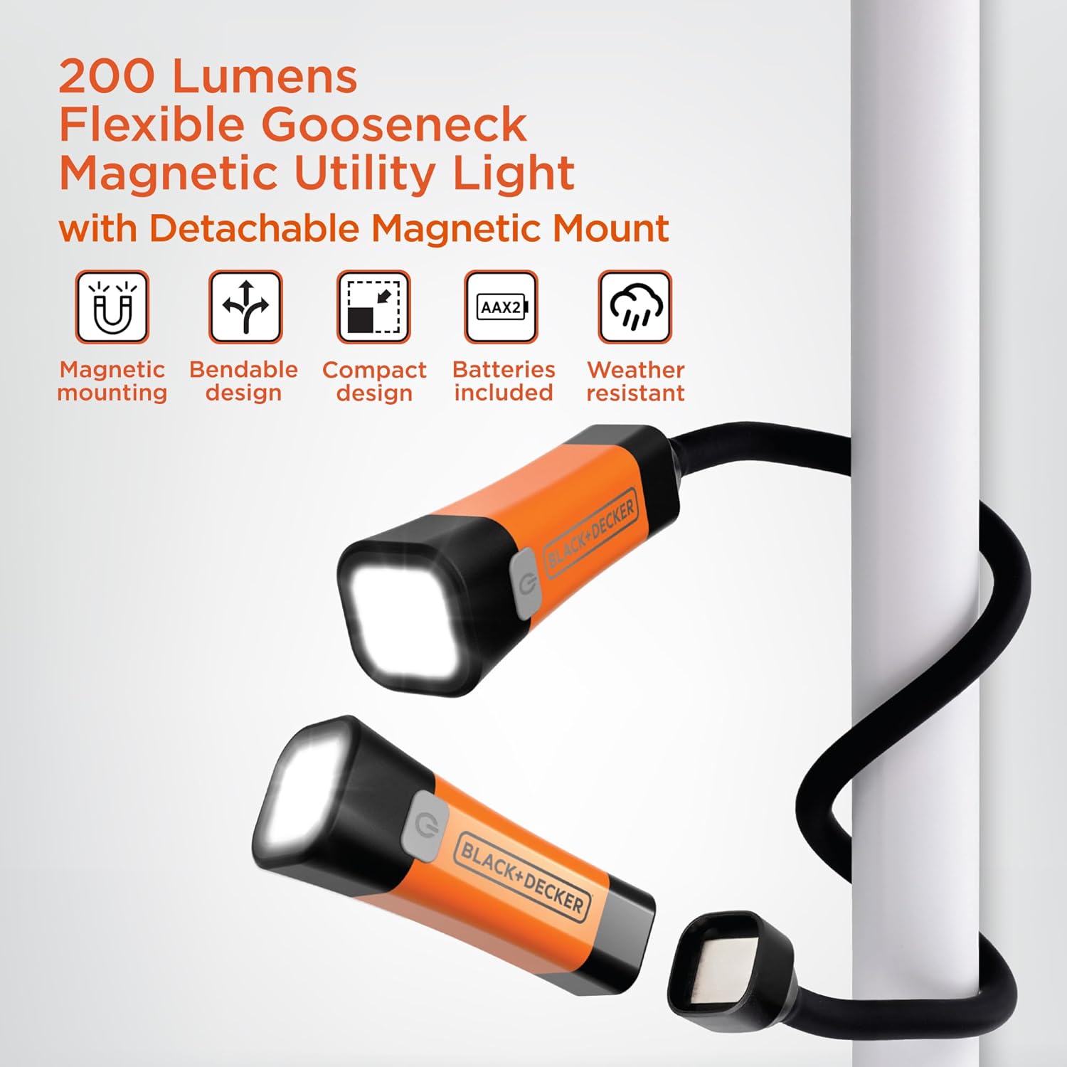 BLACK+DECKER LED Neck Reading Light, 200 Lumens Dual Flashlight Hands-Free Lighting, Flexible Gooseneck, 3 Dimmable Modes, SOS, 3 Magnetic Mounts, Wearable, AA Battery-Powered, IP65 Weather-Resistant