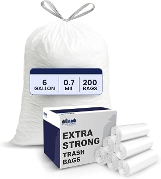 Plasticplace 4 - 6 Gallon White Drawstring Bags, 100% Prime Material, 17x20, 0.7 Mil, 200/Case