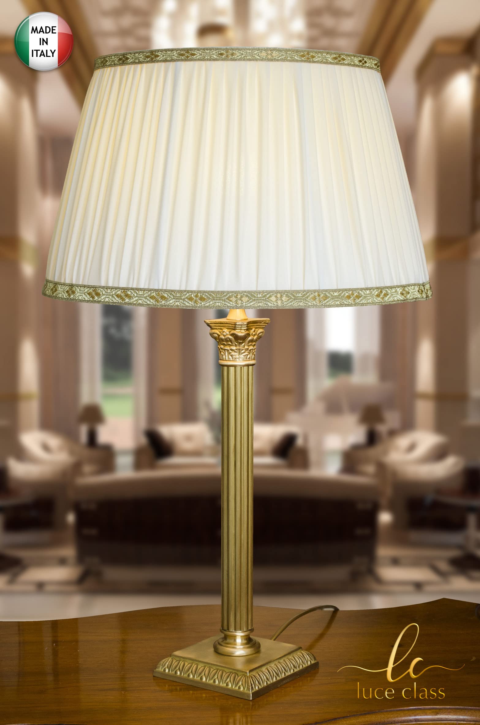 Generico LUCECLASS - C488 lampada da tavolo classica in fusione di ottone satinato con paralume in seta plissé lume da salotto elegante, per camera letto, hotel