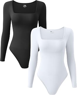 Women's 2 Piece Bodysuits Sexy Ribbed One Piece Square Neck Long Sleeve Bodysuits