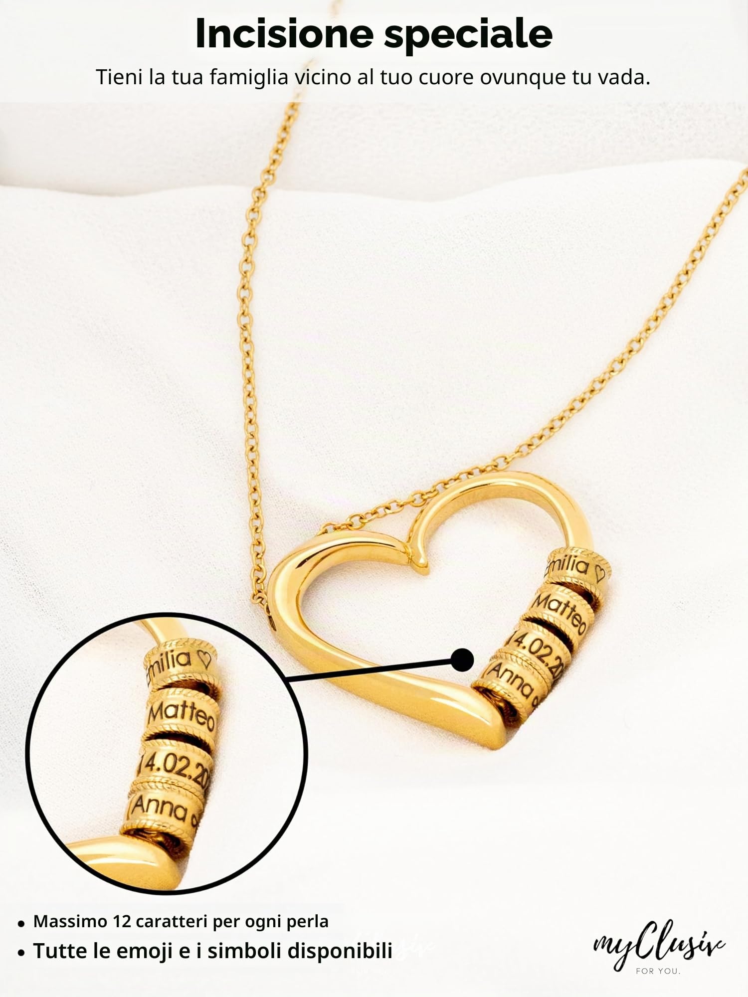 Collana con Cuore e Perle Incise – Collana Personalizzata per Donna e Mamma – Incisione su Acciaio Inossidabile