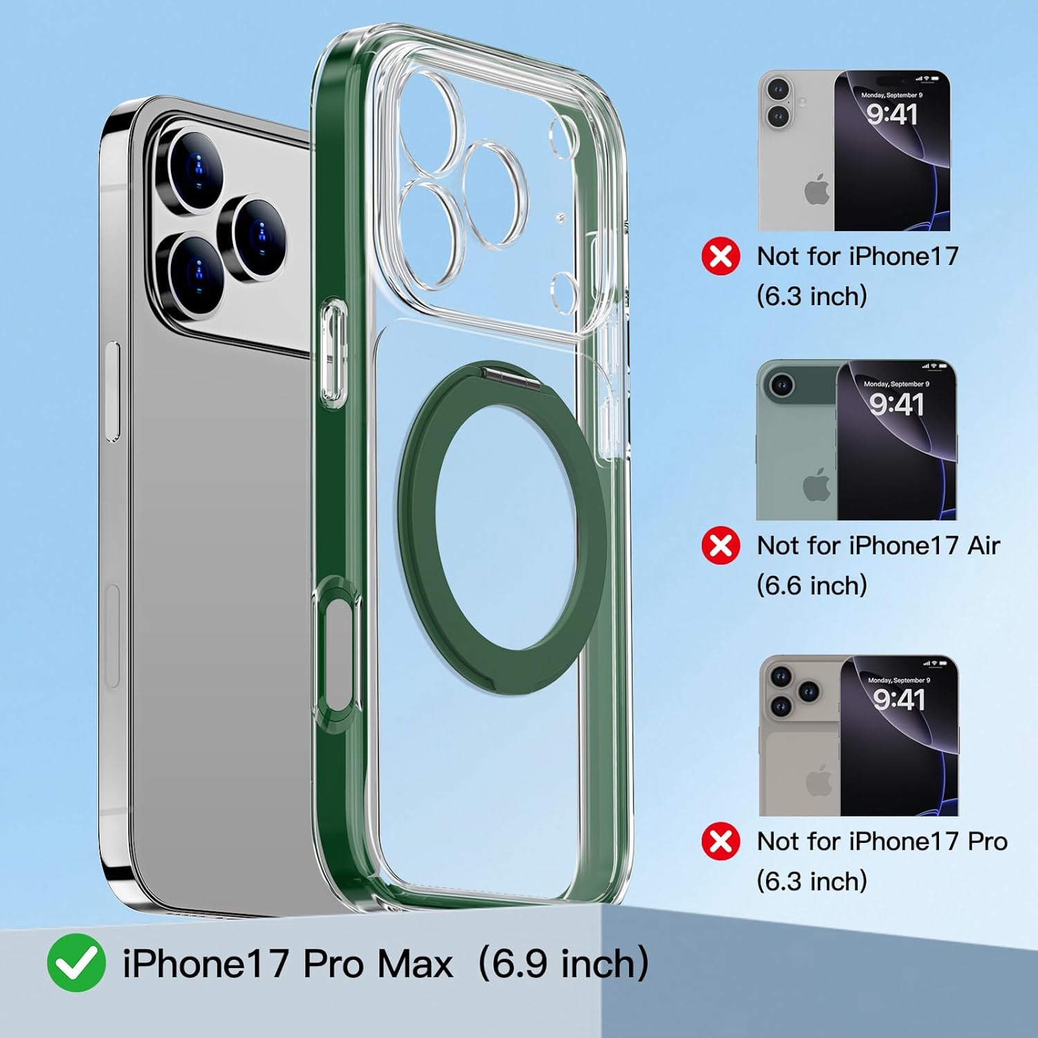 Magnetic for iPhone 17 Pro Max Case Non-Yellowing [2 x Screen Protector] Compatible with MagSafe Military Grade 17 FT Drop Shockproof Full Camera Protection 360° Spin Stand Phone Cover Green