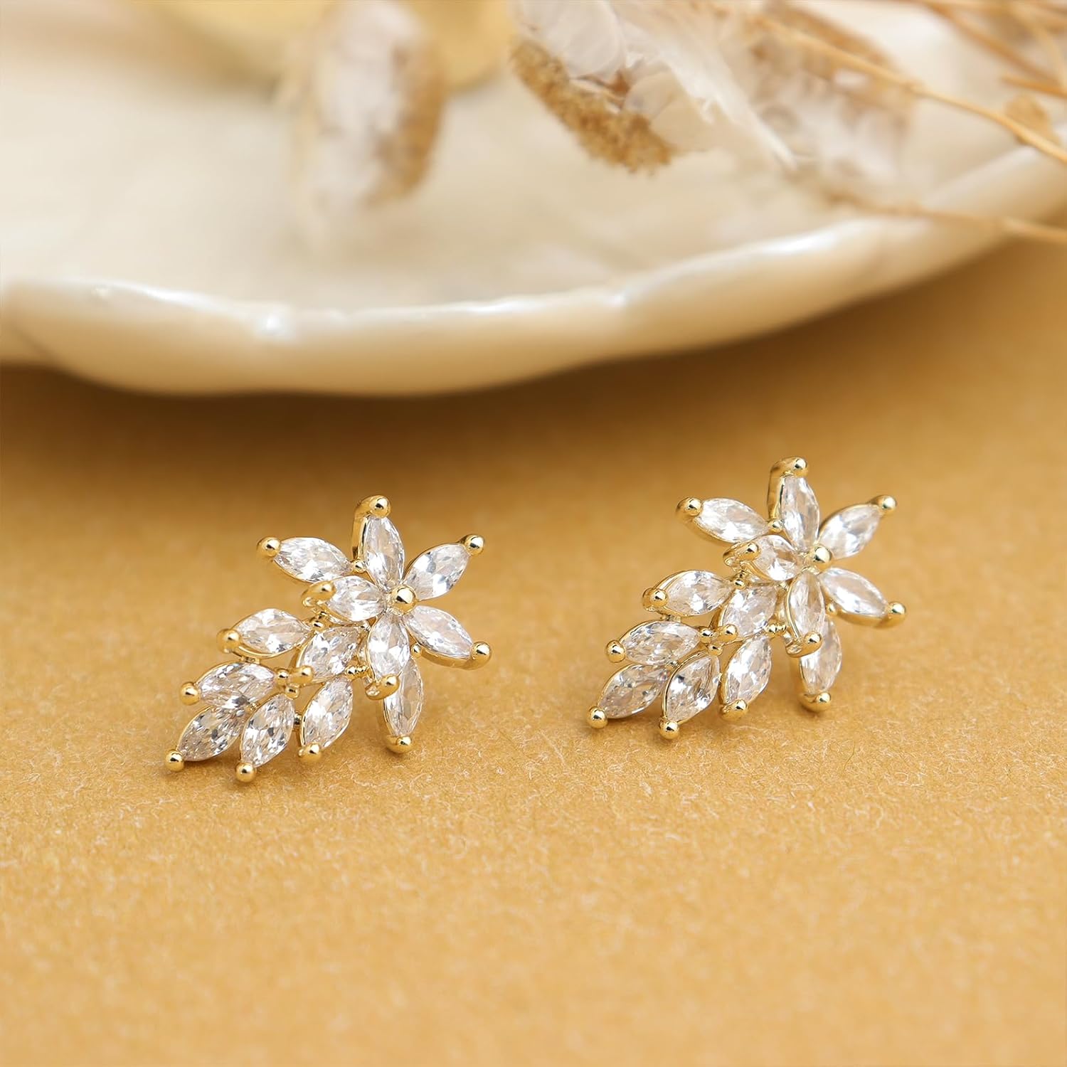 Dainty Gold Rhinestone Leaf Flower Stud Earrings for Women, Statement Marquise Cluster Opal Cubic Zirconia Hypoallergenic Earing Bridal Wedding Prom Jewelry Gift - Image 7