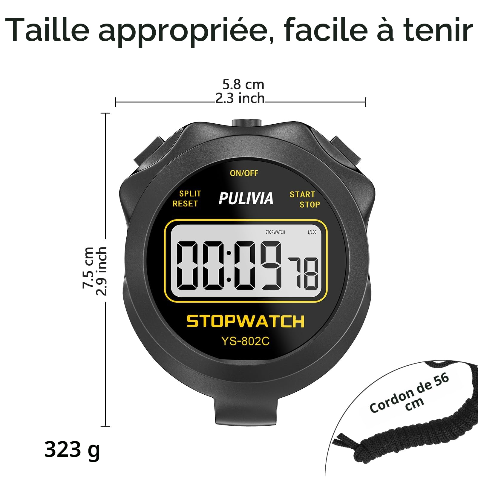 Chronometre Sport Numerique Noir avec Bouton Marche/Arret et Fonction Silencieux