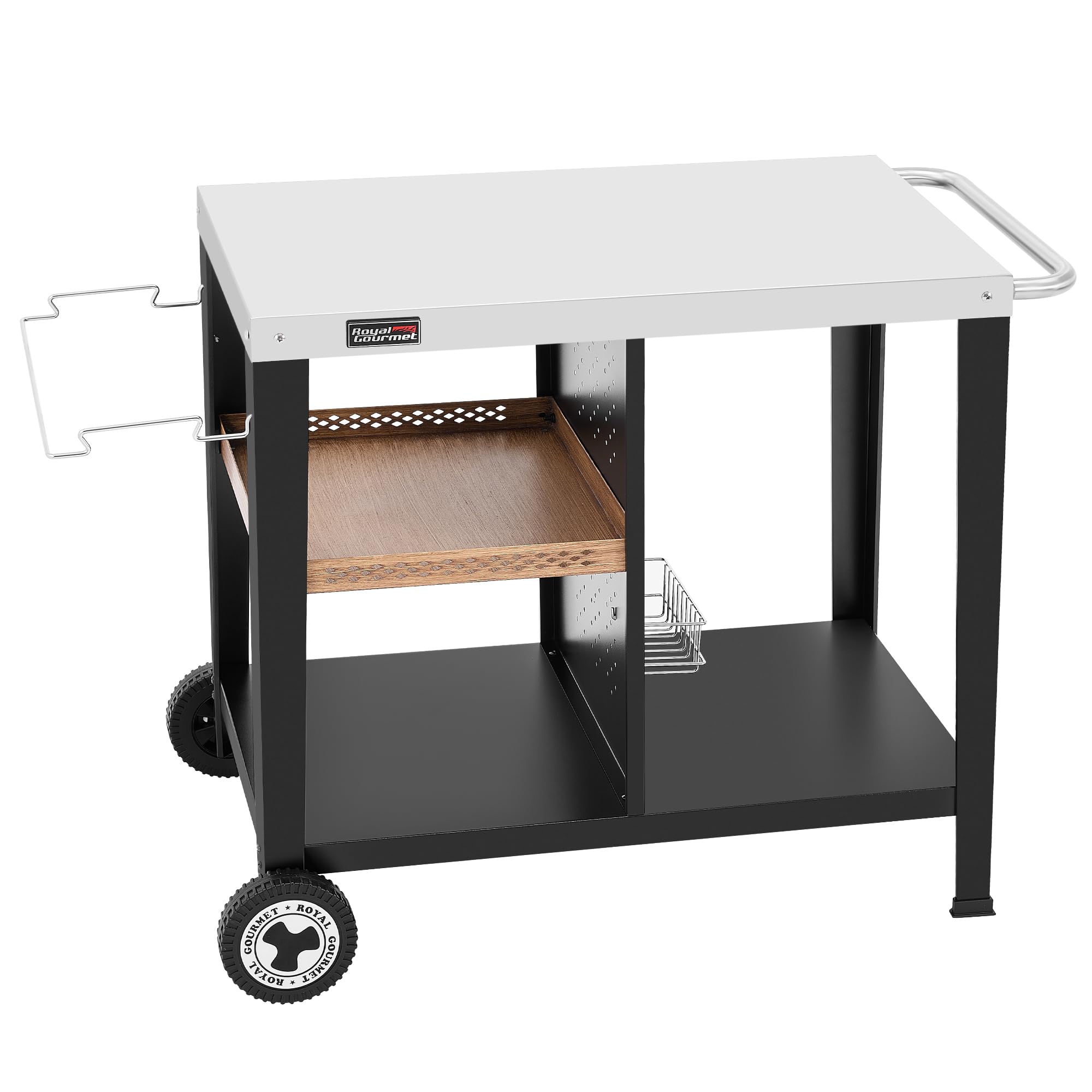 Royal Gourmet Table de Barbecue avec Plaque en Acier Inoxydable de 85 x 50 cm - Chariot de Barbecue à 3 étages pour Barbecue de Table et Fours à Pizza, Chariot avec poignées, Porte-Sac Poubelle et