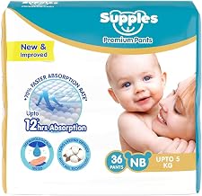 Amazon Brand - Supples Premium Diaper Pants | for Newborn Babies | 36 Diapers | NB/XS | Up to 5 Kg | 12 Hrs Absorption | Cushiony Cotton Soft Fabric | Phthalates-Free | Triple Leak Guard