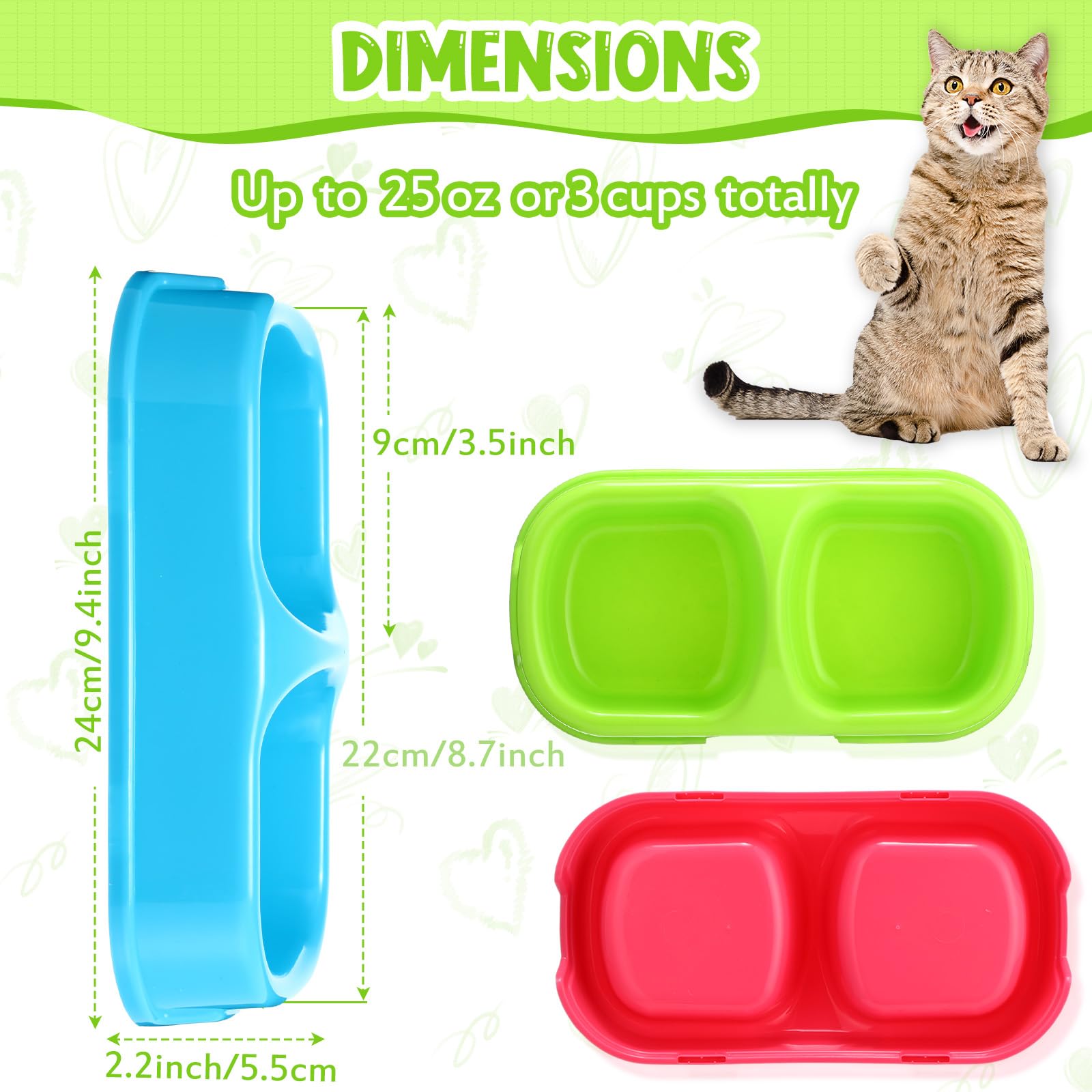 Hsei 12 platos dobles para comida de mascotas, cuenco de plástico para gatos, platos para perros, cuencos dobles para perros pequeños y medianos, gatos y cachorros, 3 colores surtidos