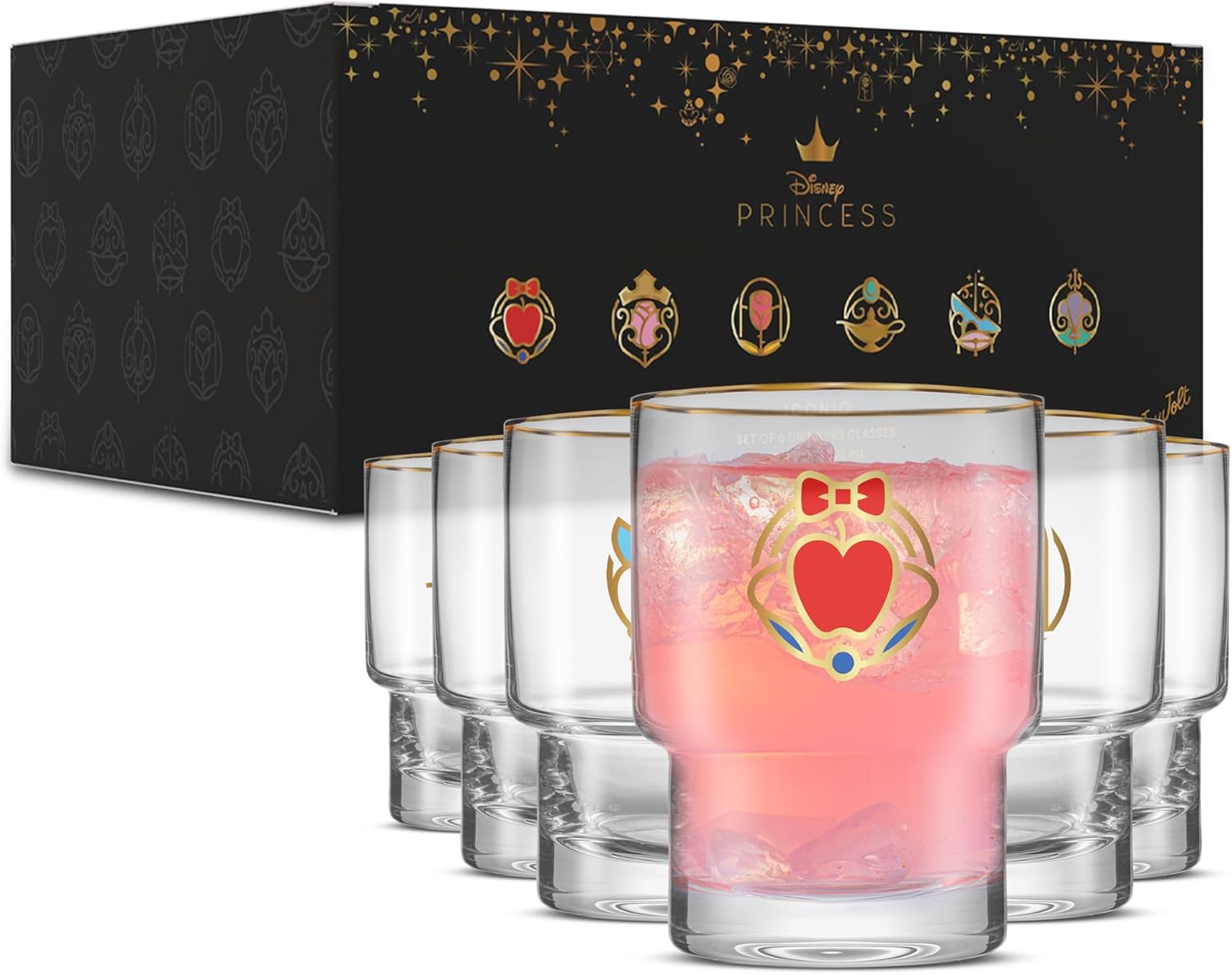 JoyJolt Disney Princess Iconic 10 oz Short Drinking Glasses, Lowball Glass Cups Set of 6 ft Snow White, Cinderella, Sleeping Beauty and more, Water, Juice, Coffee, Tea Tumblers, Disney Gifts - Image 8