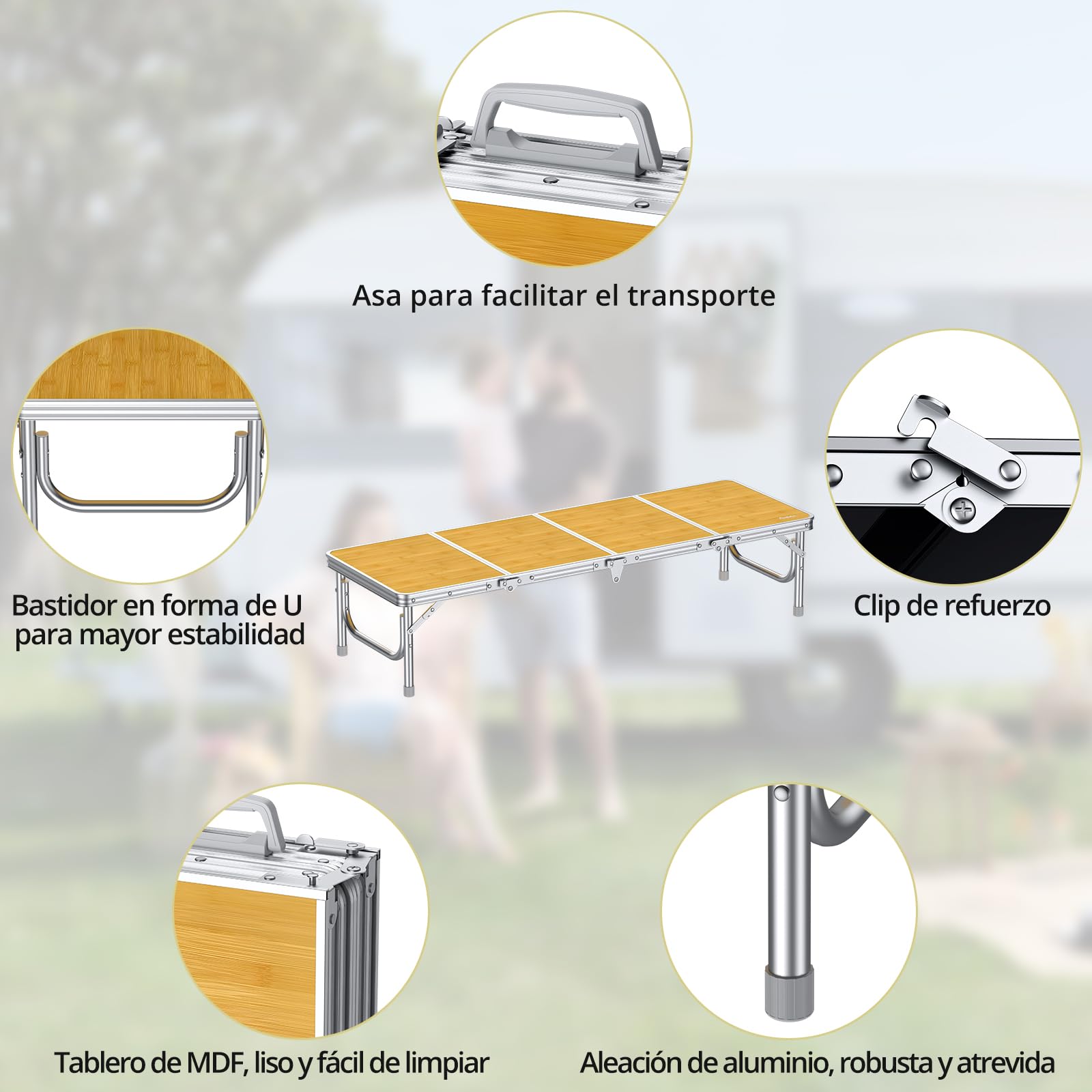Anbte Mesa Plegable Camping 116 x 40 x 26.2cm con Aluminio Impermeable Mesa Playa Portátil,Grosor del Bisel es de 3,5 cm,Soporta 30 kg para Camping Playa Fiesta Picnic Suelo Color Raya de Bambú