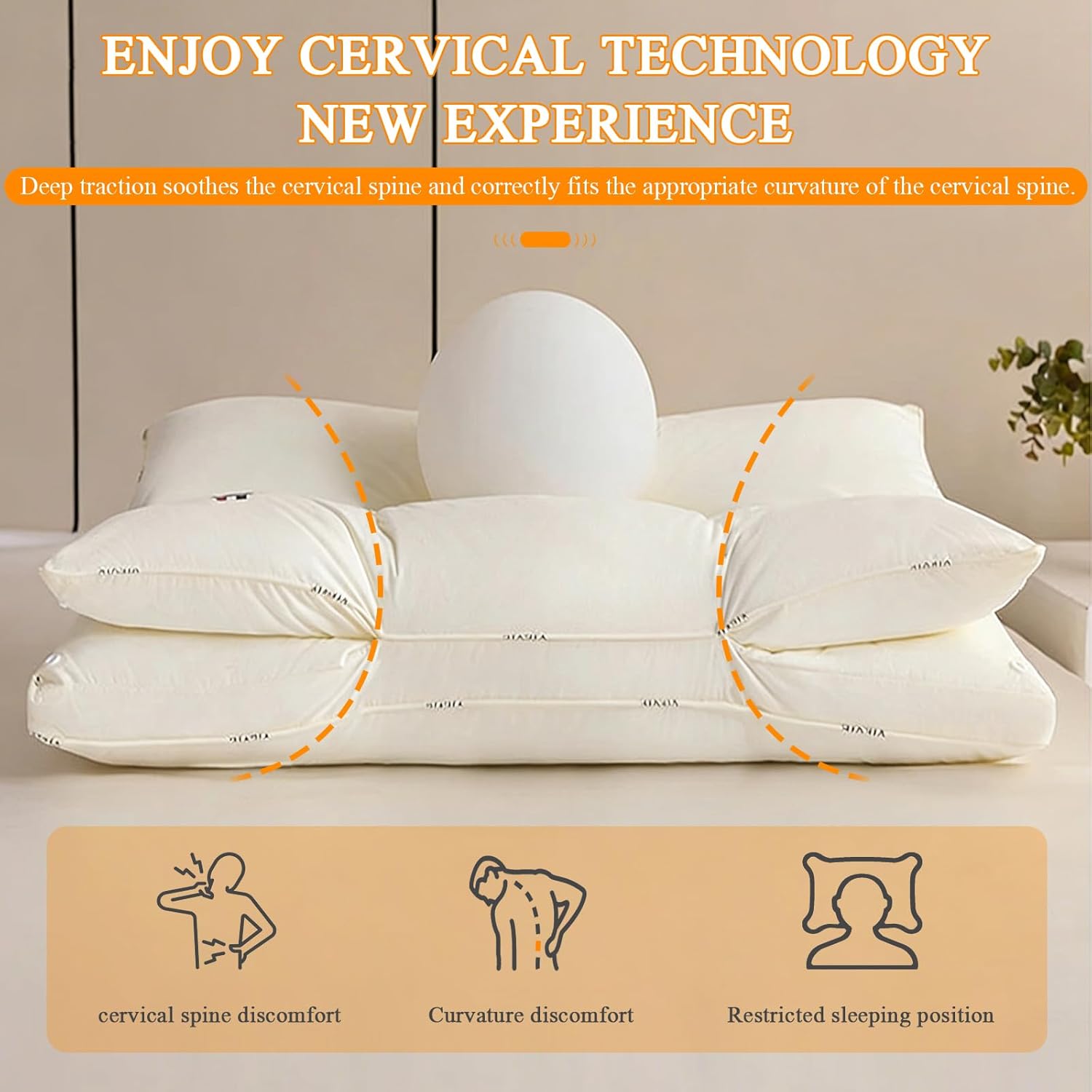Cervical Neck Pillow for Sleeping - Double Layer Removable Bed Pillows, Don't Press Your Face, Pure Cotton Surface Skin-Friendly and Comfortable, Ergonomic Orthopedic Contour,White