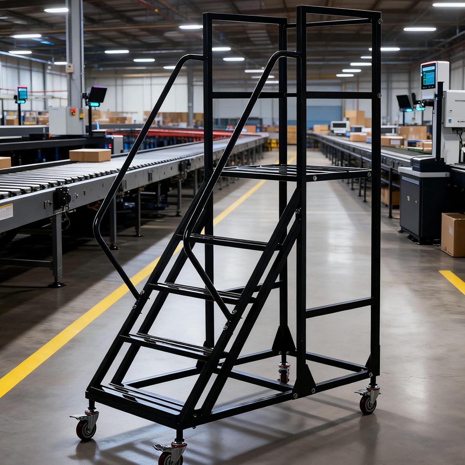 5-Step Rolling Warehouse Step Ladder, Lockable Wheels, Non-Slip Wide Steps, Dual Handrails, Movable Platform Ladder, Rolling Stairs for Warehouse, Supermarket, Library (Black, 5 Steps)