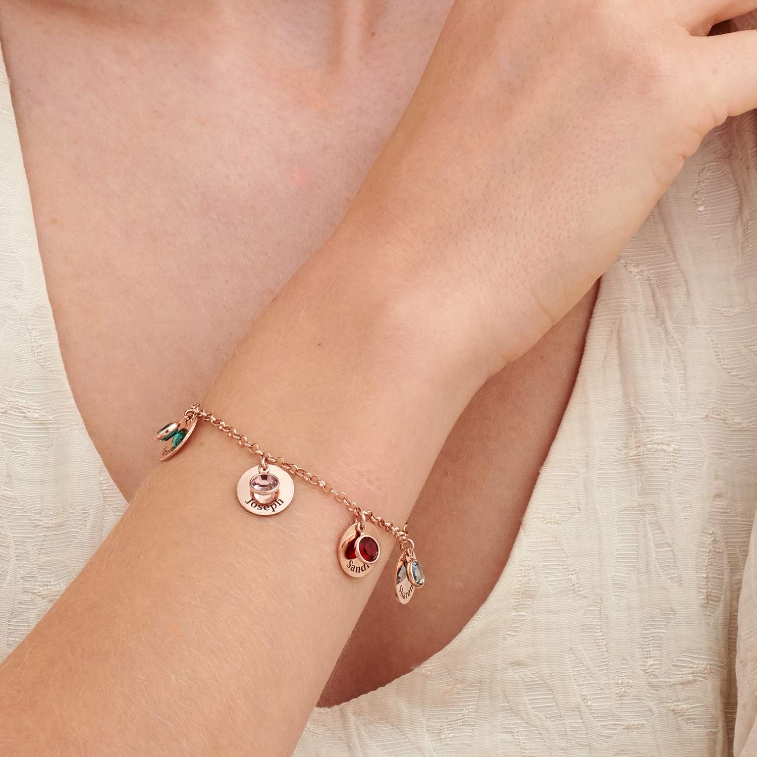 MYKA - Personalized Engraved Circle Charm Bracelet with Hanging Cubic Zirconia Stone for Women, Her, Grandma, New Mom - Jewelry in 0.925 Sterling Silver, 18K Gold & Rose Gold Plating - Dainty Gift For Mother's Day, Christmas, Birthday