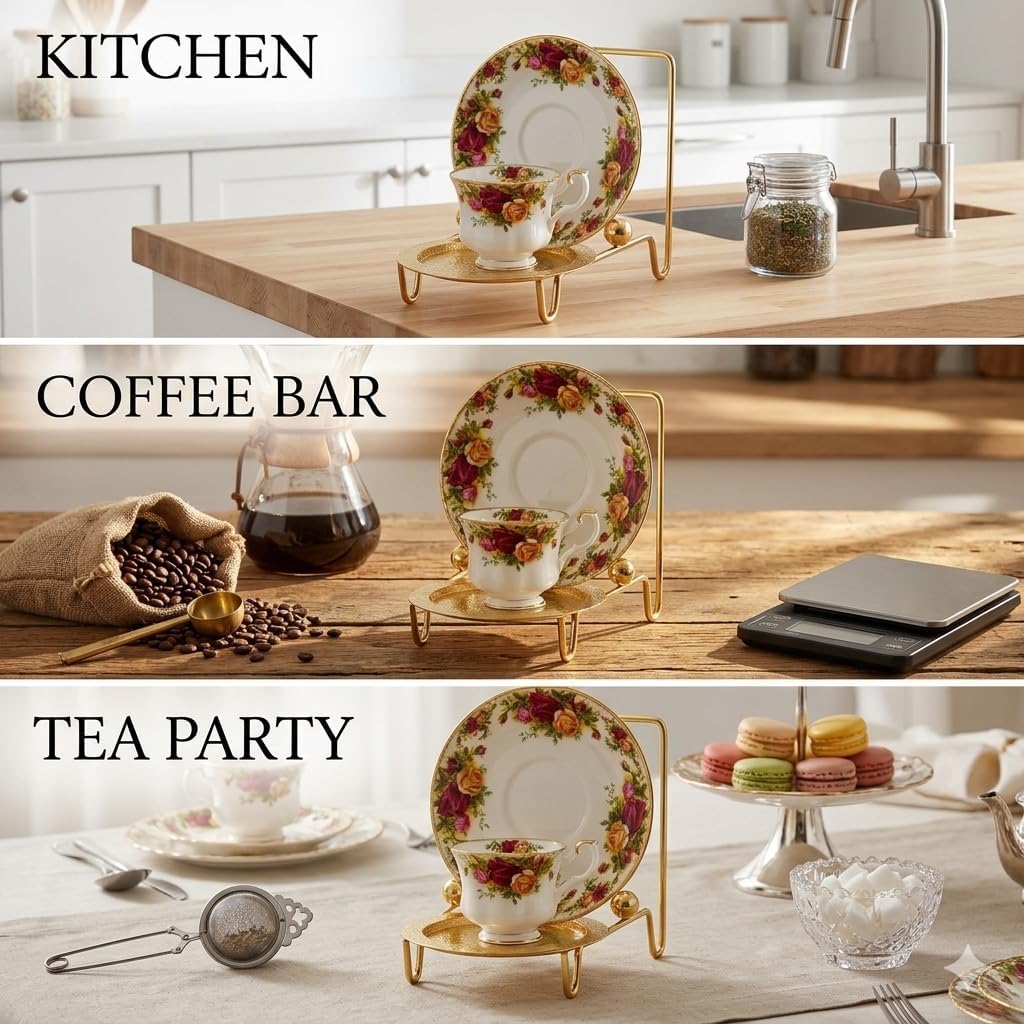HOHIYA Gold Tea cup and Saucer Display Stand 6 Cup Holder Rack Decorative Tabletop Organizer for China Cups Coffee Mugs and Plates Elegant Tea Party & Kitchen Counter Display Etched Base