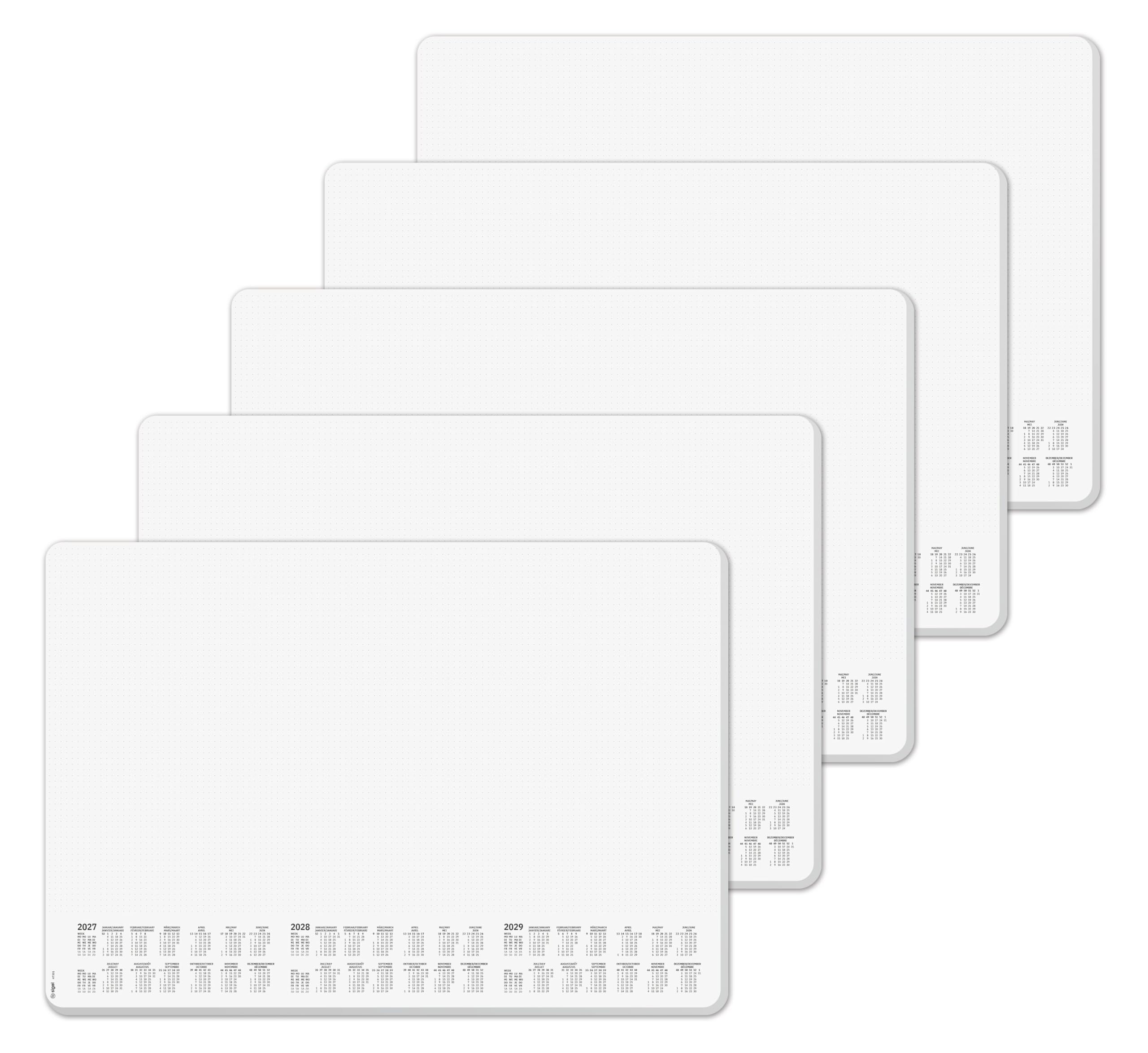 SIGEL Papier-Schreibtischunterlage DIN A2 Kalender 2027-2029 dotted 5er Set | H7301/5, 30 Blatt je Block mit abgerundeten Ecken und Abreißfunktion aus nachhaltigem Papier
