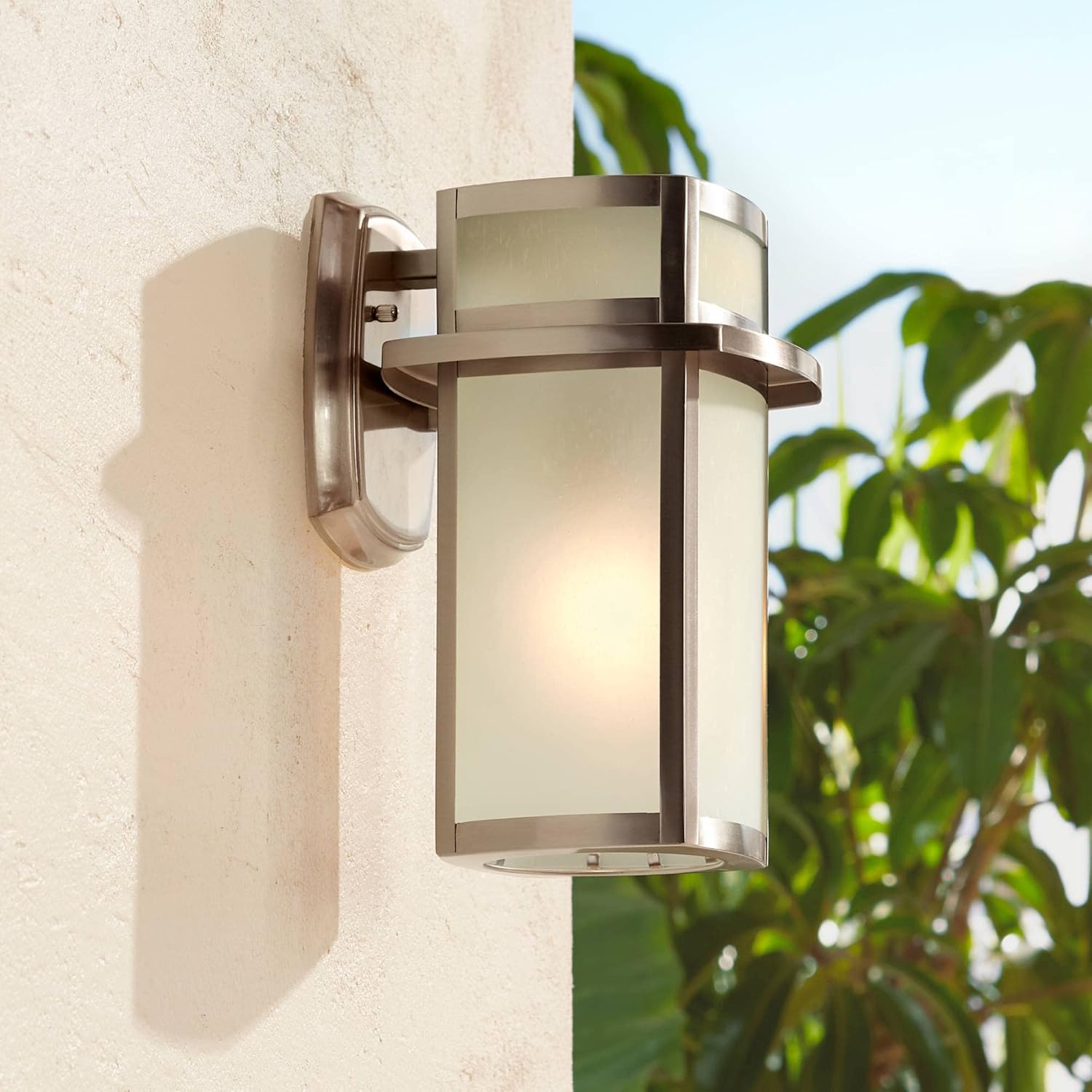 Possini Euro Design Delevan Modern Outdoor Wall Light Fixtures Set of 2 Brushed Nickel 11 1/4" Frosted Seedy Glass for Post Exterior Barn Deck House Porch Yard Patio Outside Garage Front Door