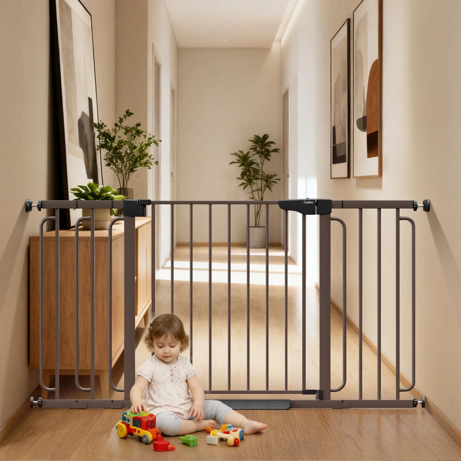 Cumbor 29.7-59" Extra Wide Baby Gate for Stairs, Pressure Mounted Dog Gate for Doorways, Auto-Close Easy Walk Through Safety Child Gate for Kids Toddler, Tall Pet Gates Indoor, Brown