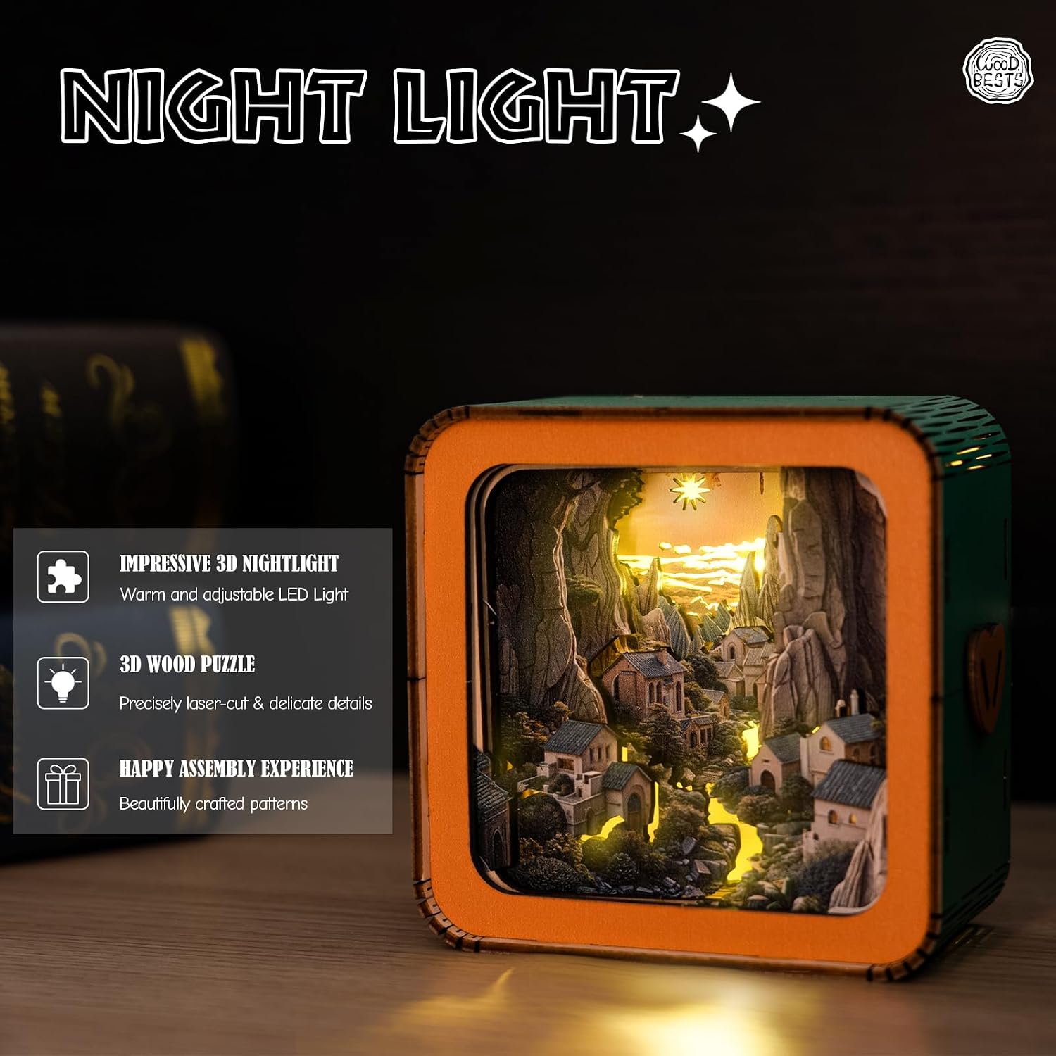 WOODBESTS Wooden Puzzles 3D Nightlight(Valley Village) DIY Puzzles for Adults-3D Wooden Puzzle Night Light for Seniors-Exquisite Desk Decor for DIY Puzzle Lovers
