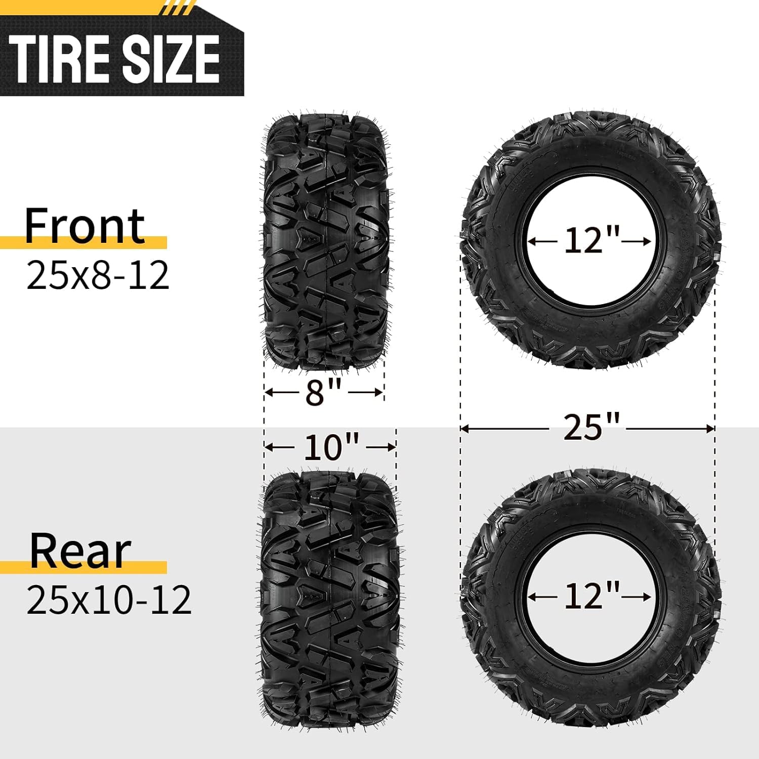 4 ATV/UTV Tires 25x8-12 Front 25x10-12 Rear 6PR Tubeless All Terrain Set