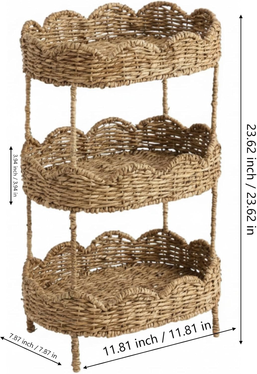 3 Tier Floor Stand Scalloped Basket Stand 3 Tier Oval Seagrass Scalloped Storage Basket Floor Rack with Market Baskets Hand Woven Laundry Rack for Bathroom Kitchen Laundry Living Room Storage