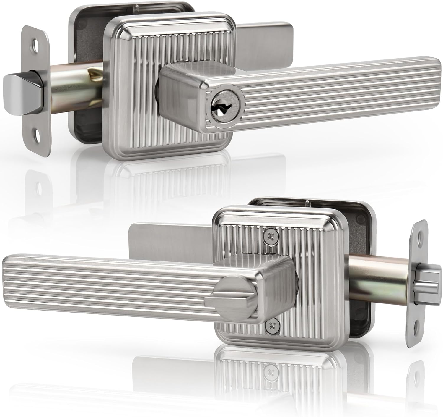 Square Heavy Duty Brushed Nickel Door Handle with Keys, Stripe Style Keyed Entry Door Lever with Lock, Reversible Door Handle for Front & Entrance Door, Satin Nickel Finish