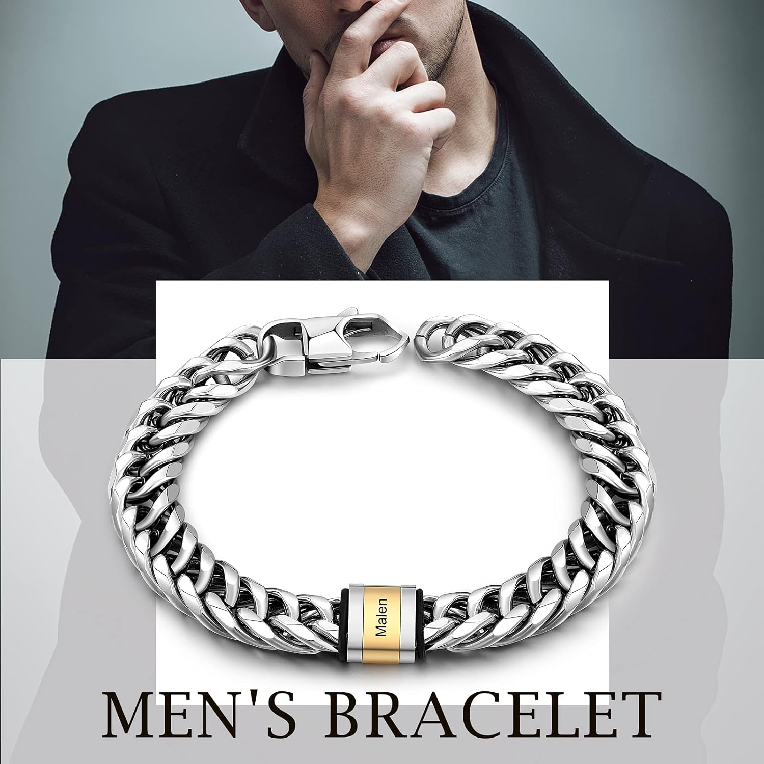 Mens Bracelet Personalized Custom Bracelets with Name Beads Stainless Steel Cuban Link Bracelet for Men Cool Bracelets for Men DAD Father Day (1 name)