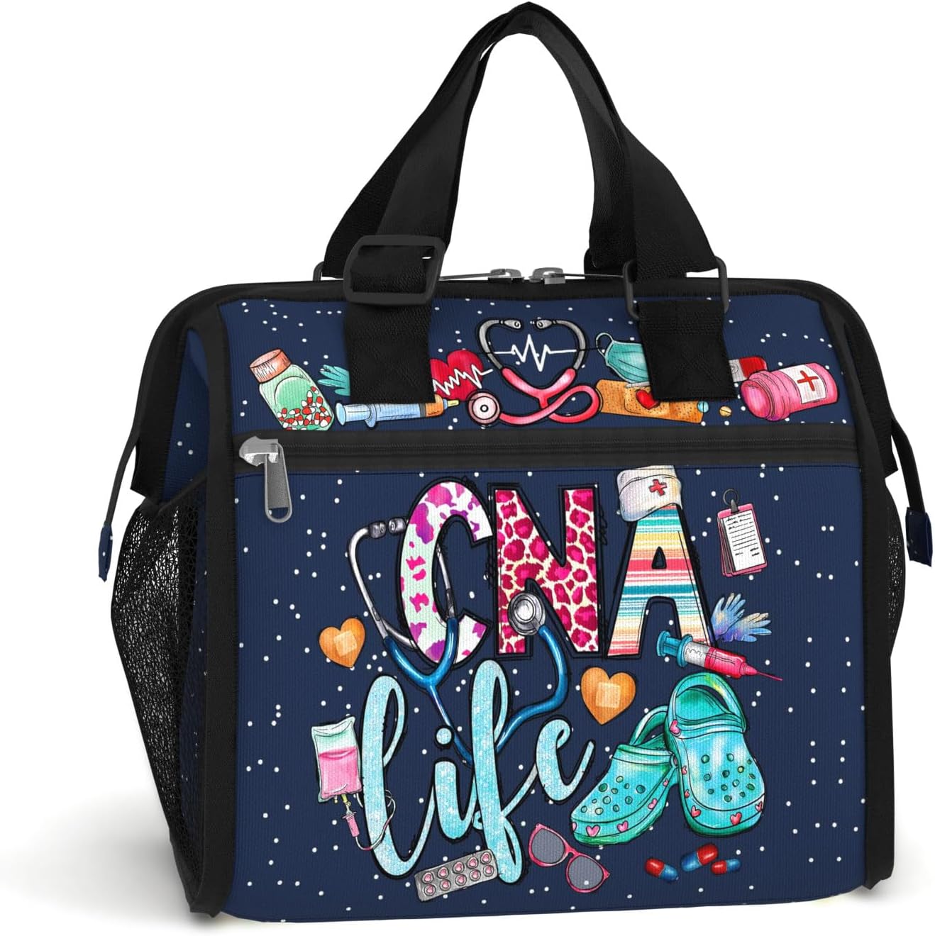 84hoods Large Lunch Bag for Women. Insulated Lunch Box for Work Office Travel Picnic with Adjustable Strap. Gift for CNA Nurse. CNA Life.