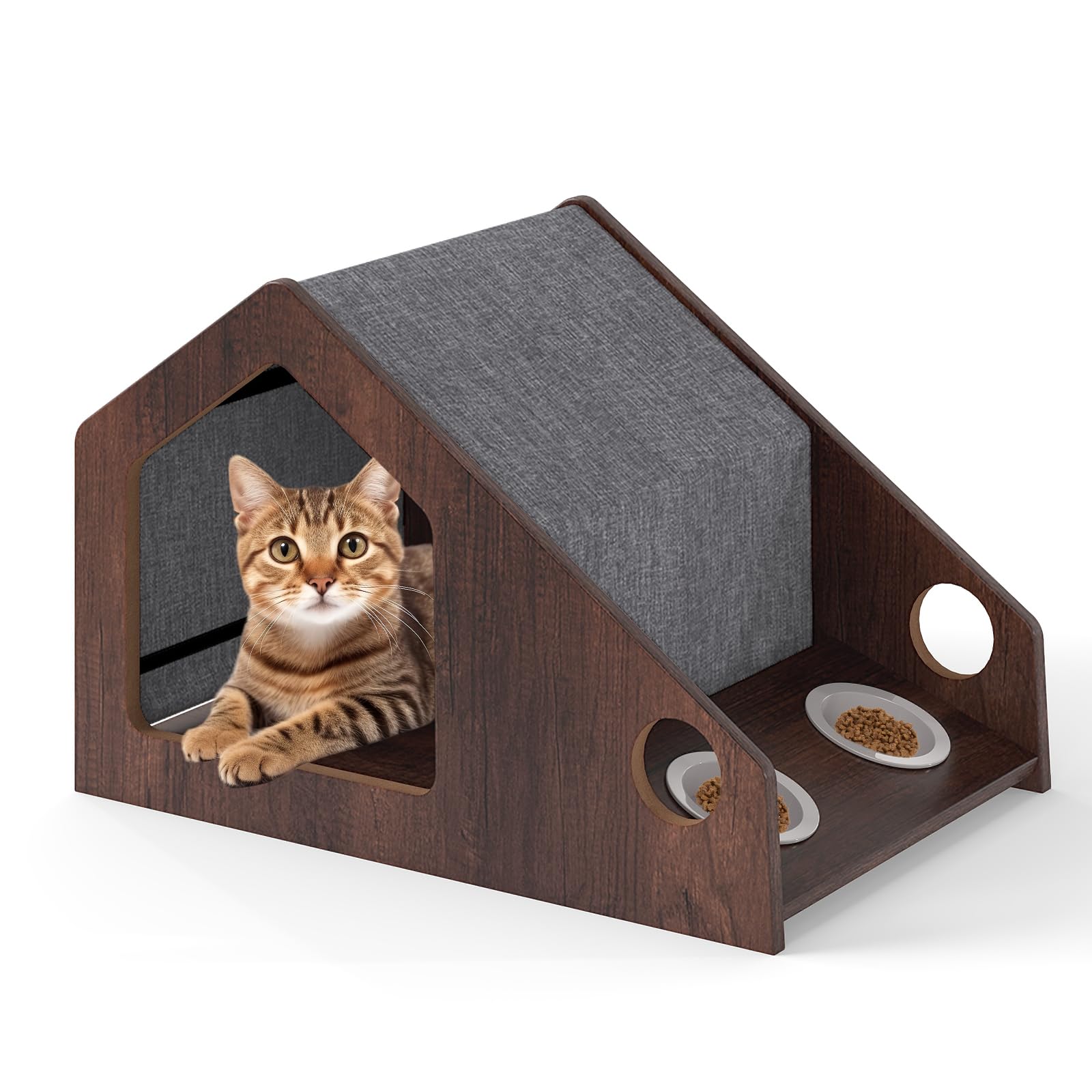 COSTWAY Casa para Gatos de Madera para Interior, 60x40x40 cmCaseta para Gatos con Comedero, Techo Desmontable y Lavable, Estructura Metálica, Villa de Estilo de Granja, Refugio Decorativo para Gatitos
