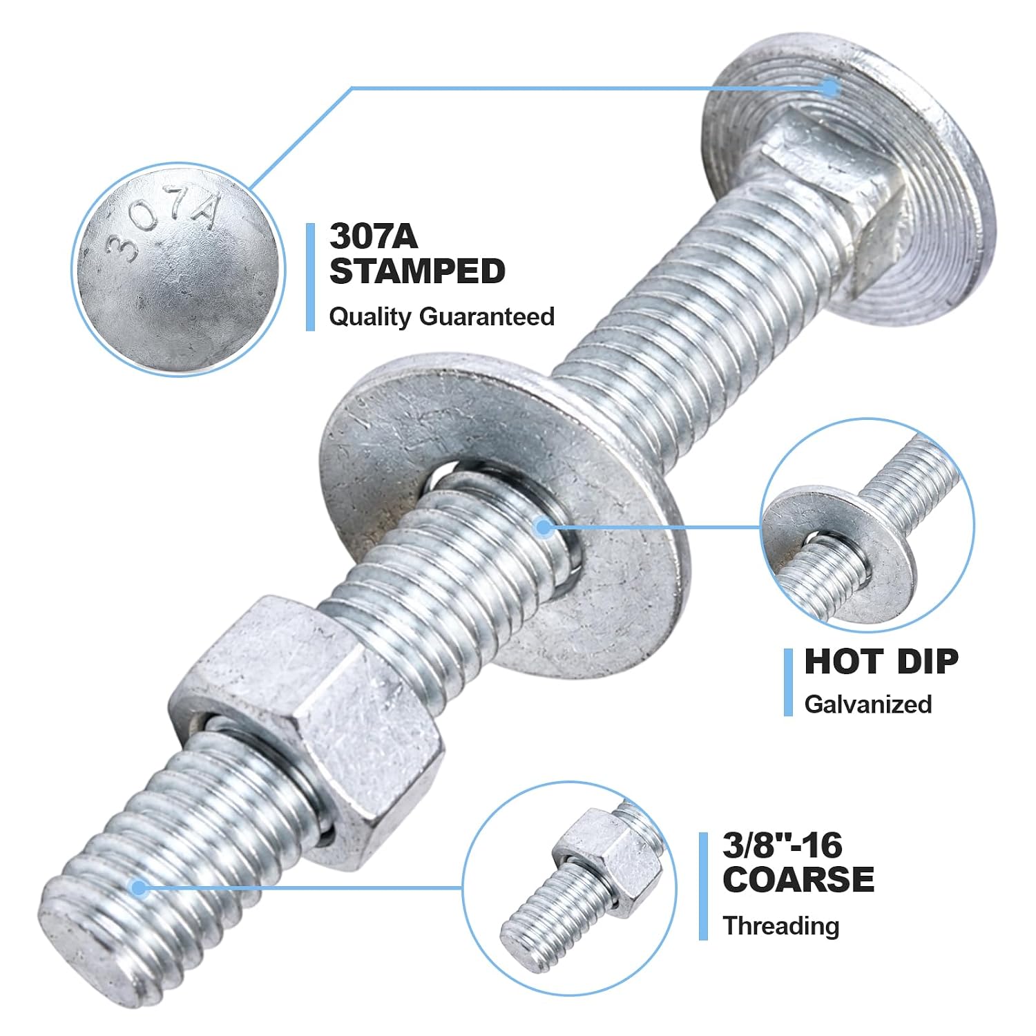 3/8" x 2" Carriage Bolt Kit 50 Pack, Grade 307A, Hot Dip Galvanized Carriage Bolt Set, Rust Resistance, Includes Hex Nuts & Flat Washers