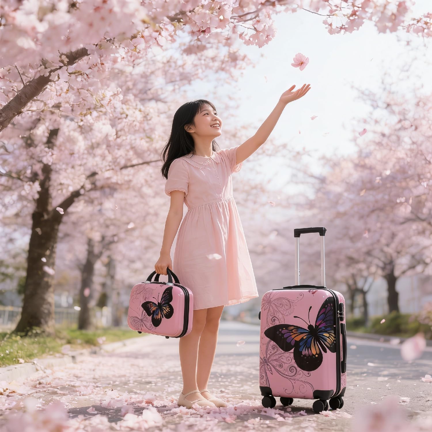 2-Piece Pink Butterfly Print Luggage Set (20" Carry-On + 14" Handbag), Hard Shell ABS+PC Suitcase with 360° Spinner Wheels & Combination Lock (Pink)
