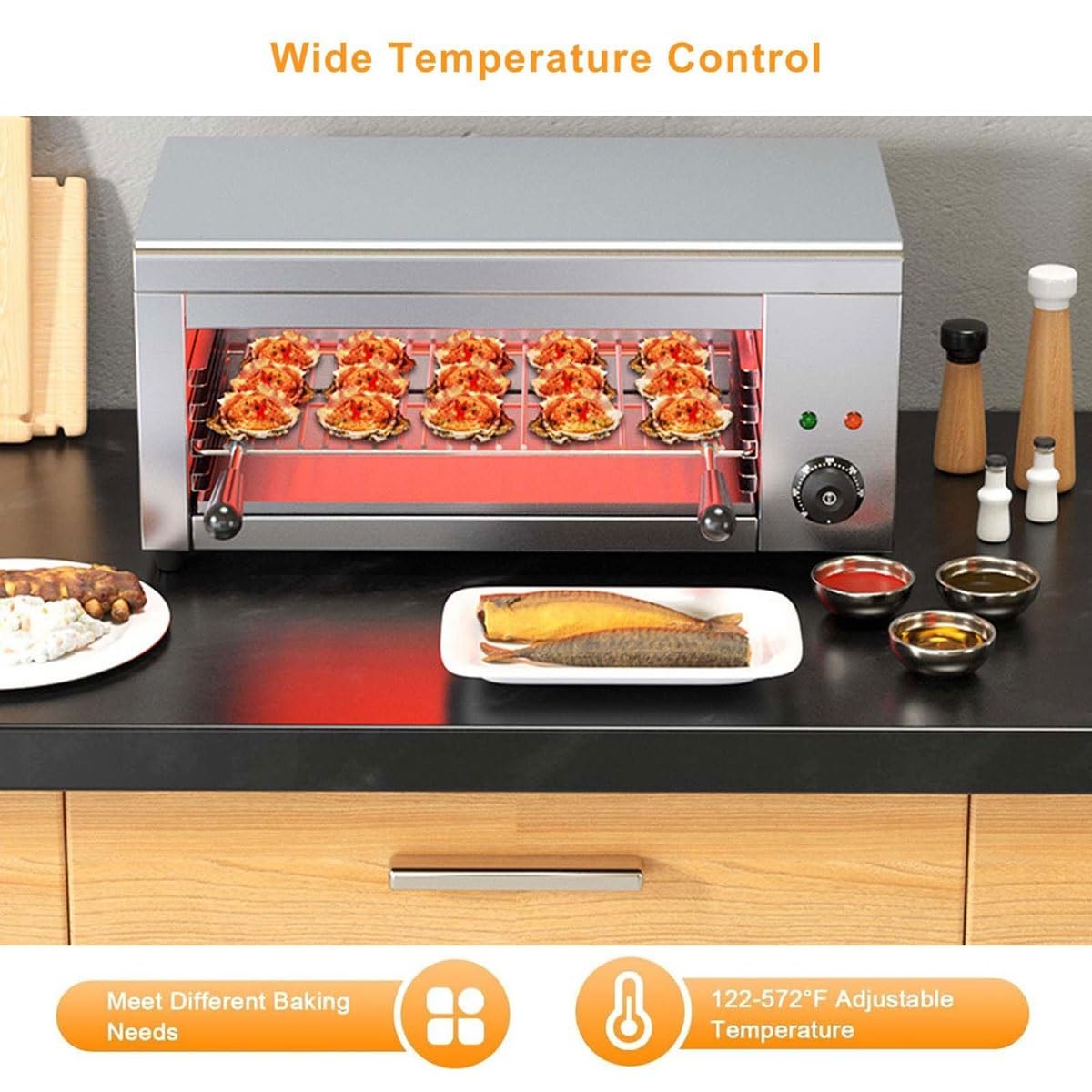 Broiler eléctrico comercial de salamandra, 2000 W, temperatura ajustable, 50 ℃-300 ℃, montaje en pared o encimera para uso doméstico y comercial