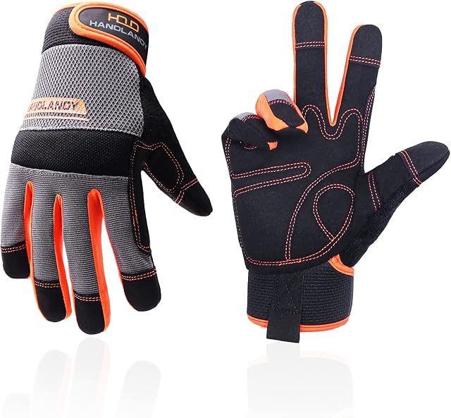 FACELANDY Utility Safety Work Gloves for Men & Women, UltraLight Mechanic Driver Gardening Gloves with Touchscreen (L, Orange)