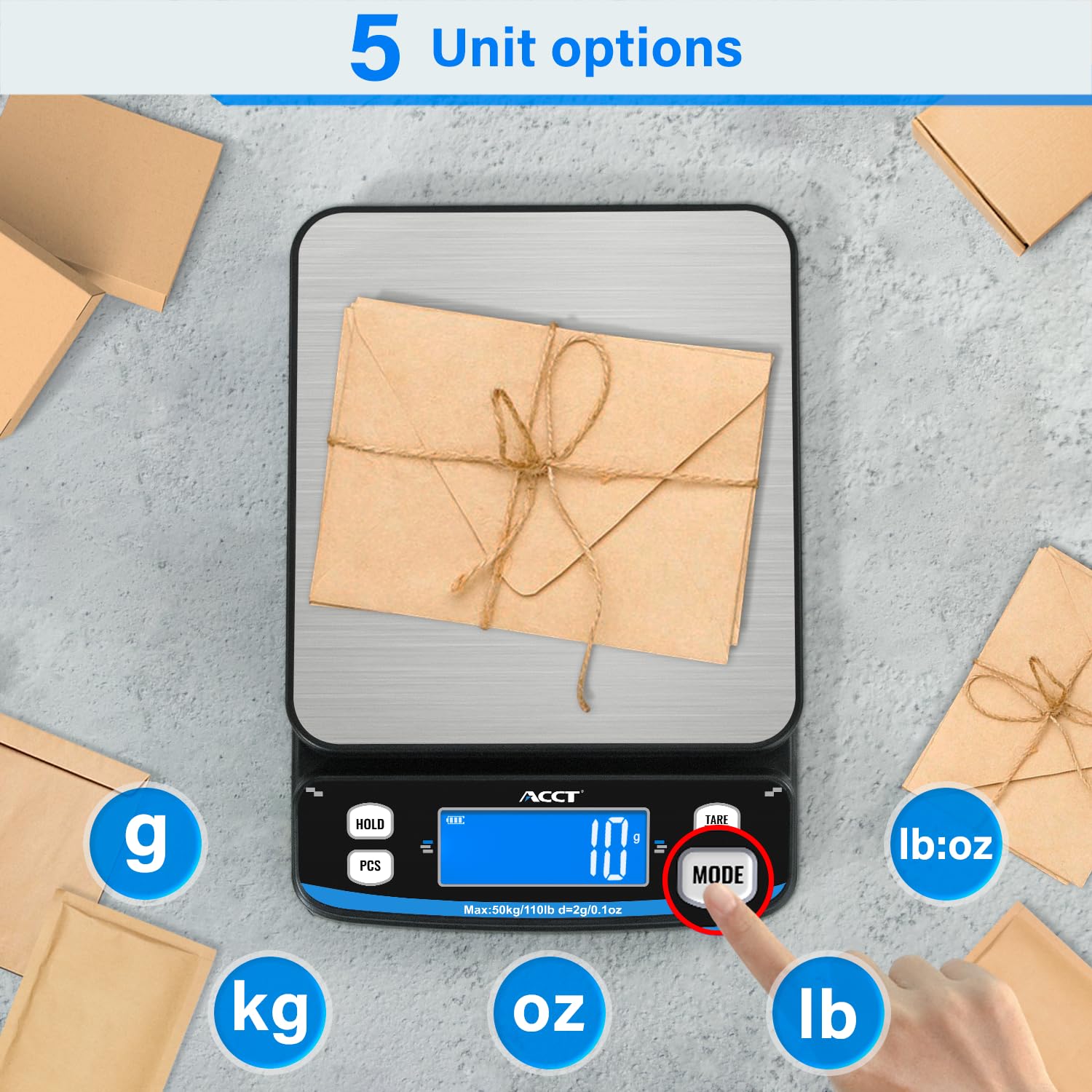 110lb Postal Scale - Balanza de envío de alta precisión con funciones de tara, recuento y retención, 5 unidades, perfecta para envíos postales, paquetes y cartas, con cinta adhesiva